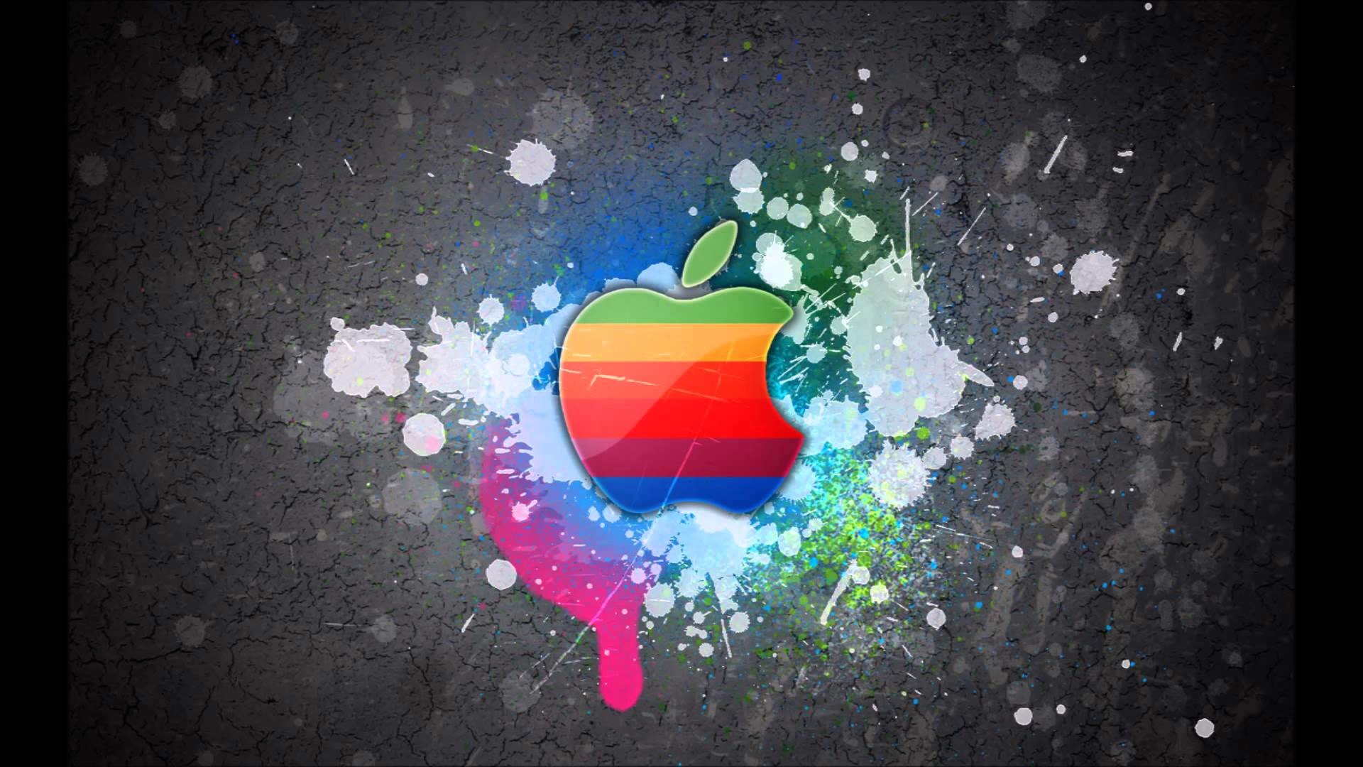 Logo Apple, Arcobaleno, Schizzi di colore, Sfondo scuro, wallpaper Mac