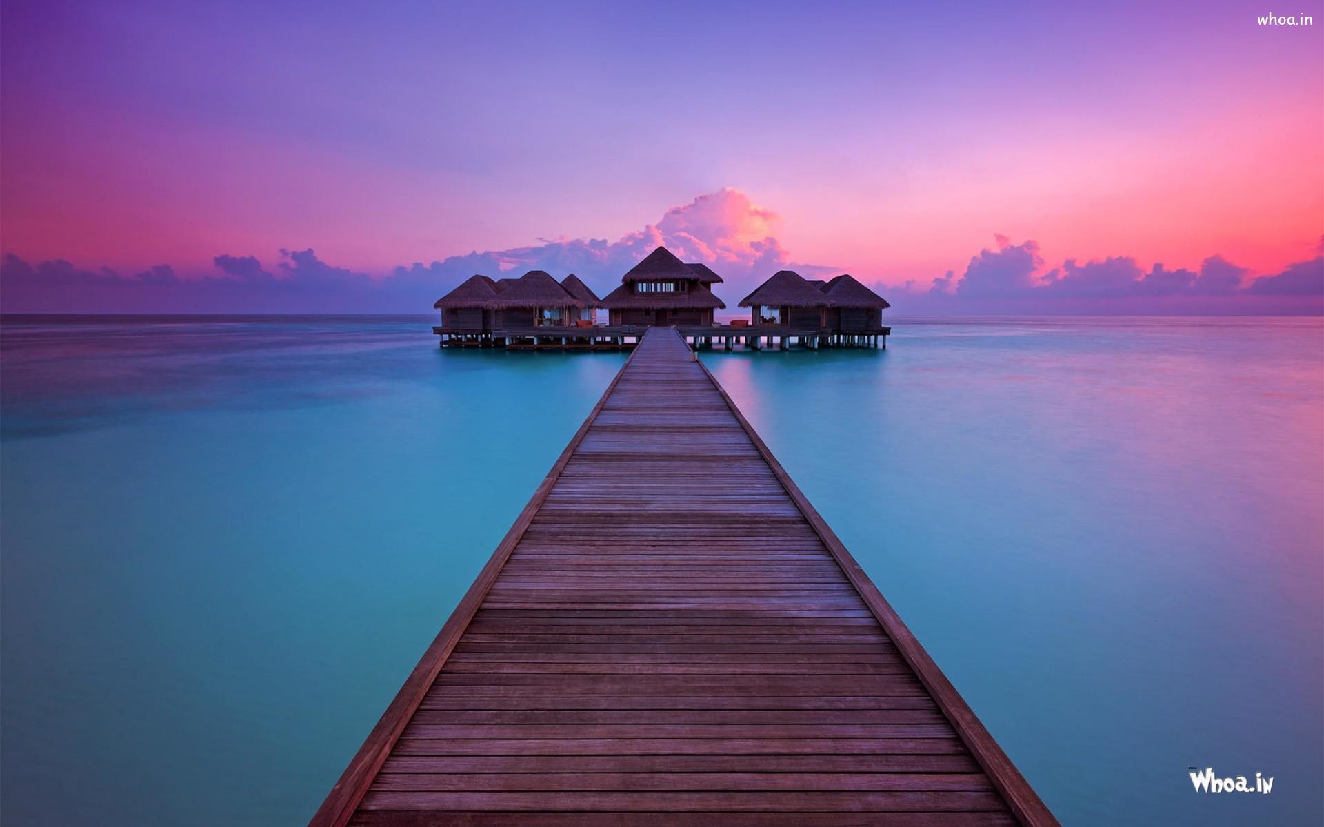 Mare, Pontile, Bungalow sull'acqua, Maldive, Tramonto rosa, Full HD, sfondo Windows 11