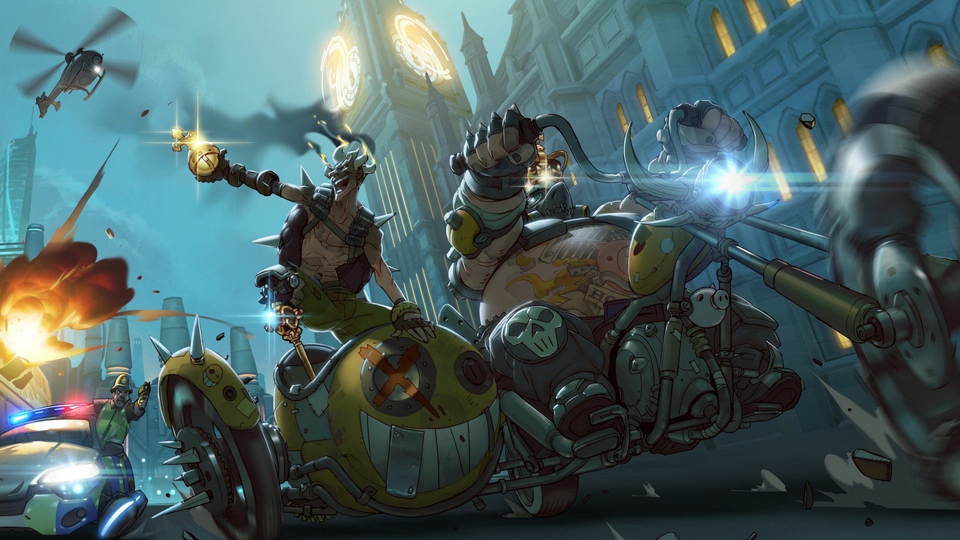 Junkrat, Roadhog, Overwatch, Esplosioni, 16:9 Full HD, sfondo widescreen