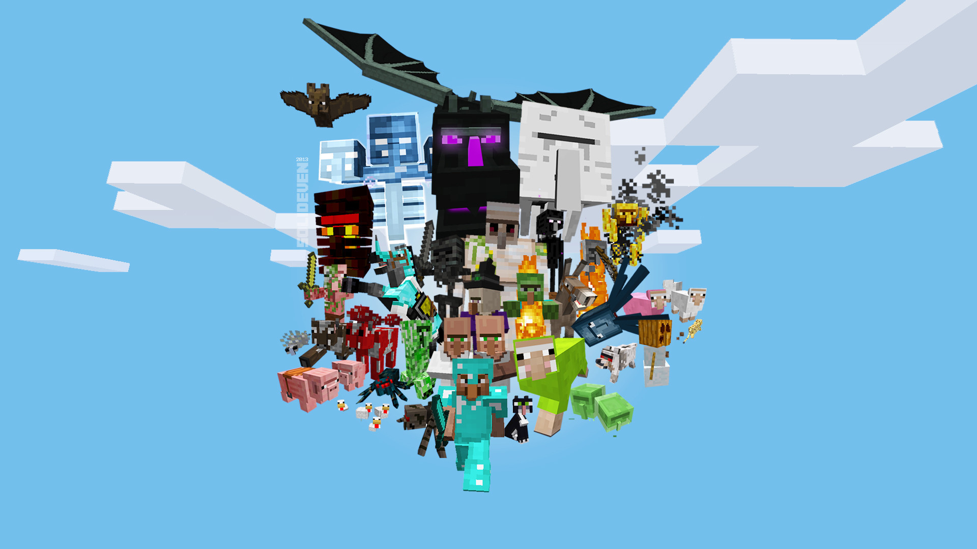 Ender Dragon, Wither, Mob di Minecraft, Steve, Cielo azzurro, 1920x1080, wallpaper desktop