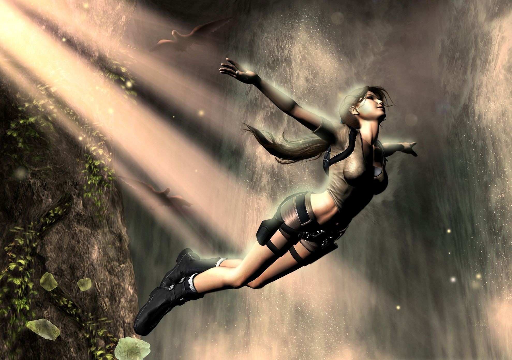 Lara Croft, Tomb Raider, Tuffo, Raggi di luce, Full HD, sfondo Windows 11