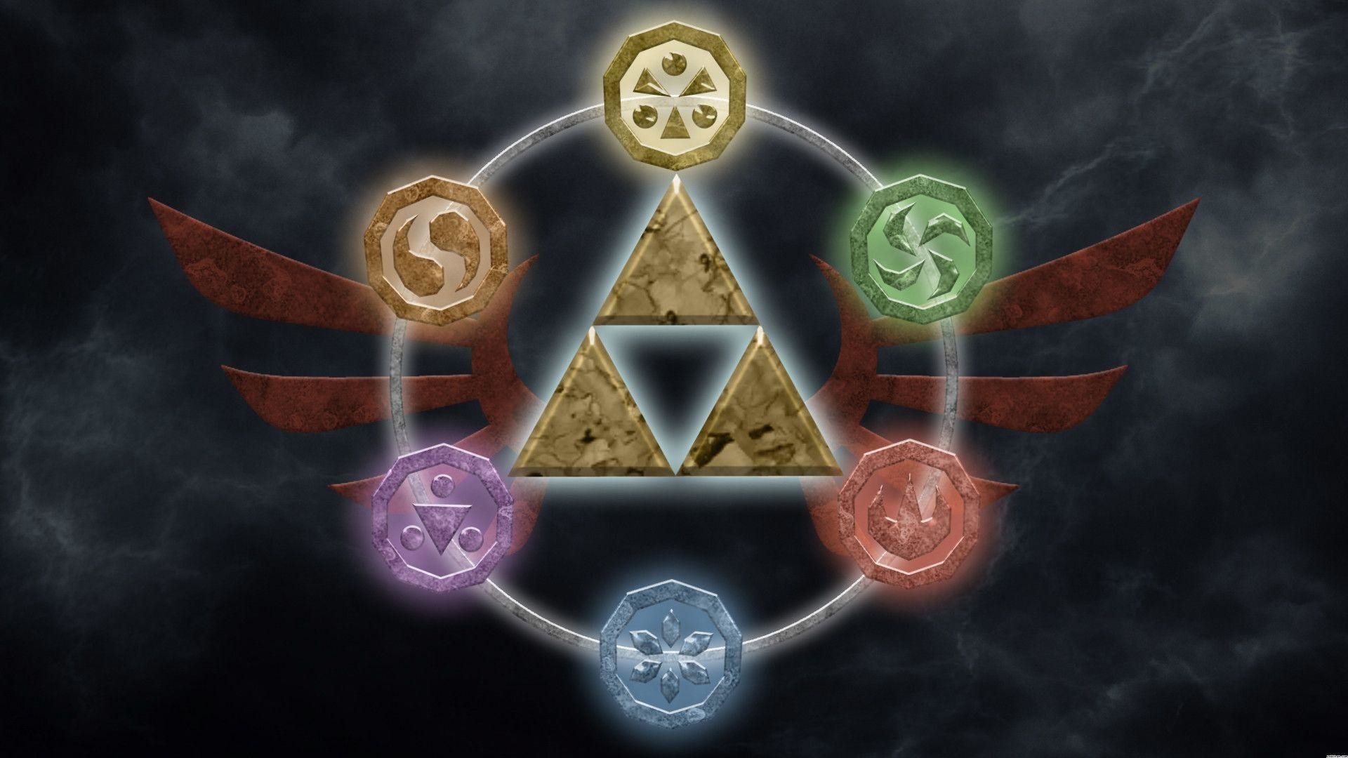 Triforza, Medaglioni dei saggi, Simboli, Sfondo scuro, Full HD, wallpaper desktop