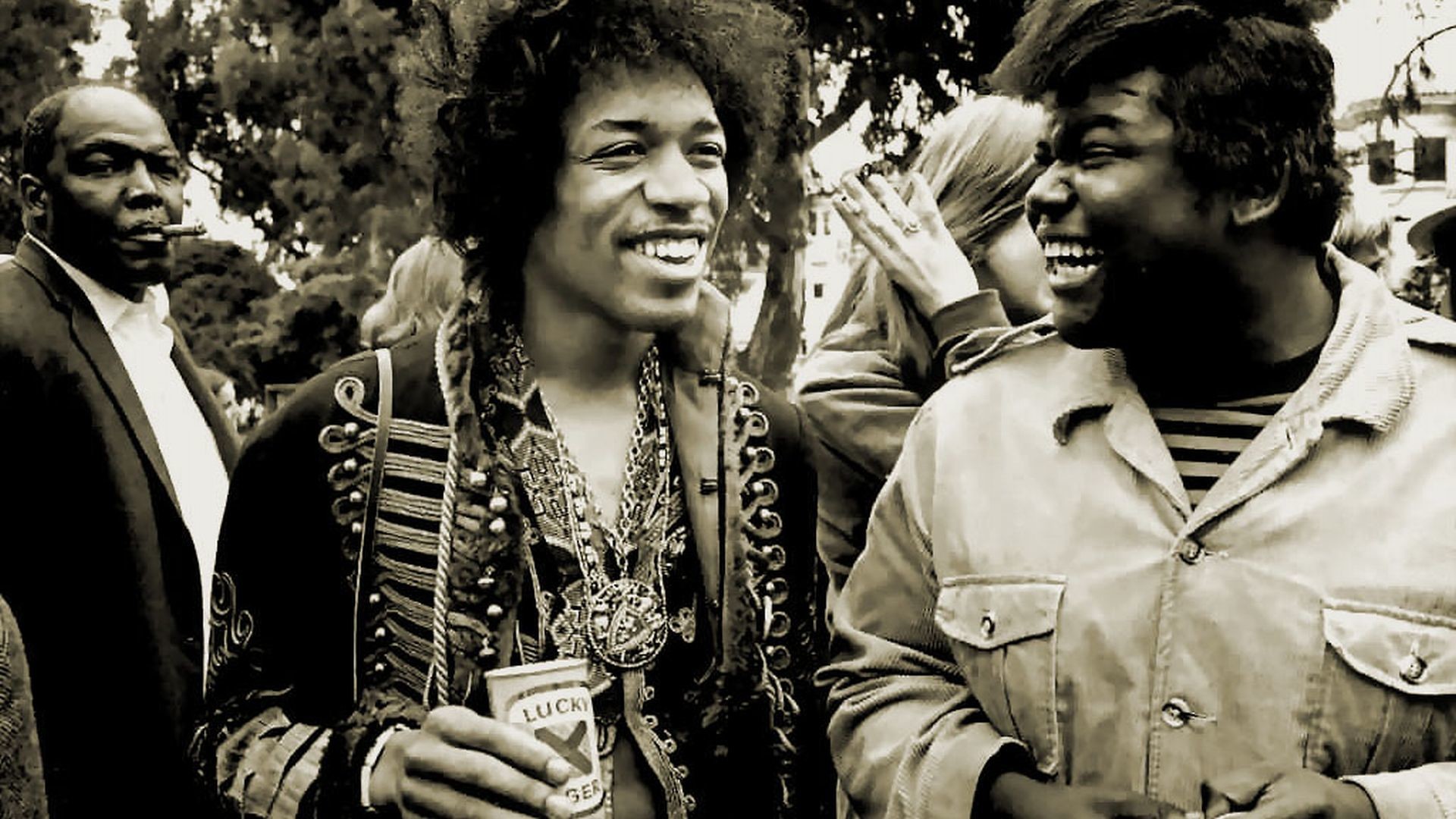 Jimi Hendrix, Sorriso, Folla, Bianco e nero, Full HD, sfondo per PC e portatile