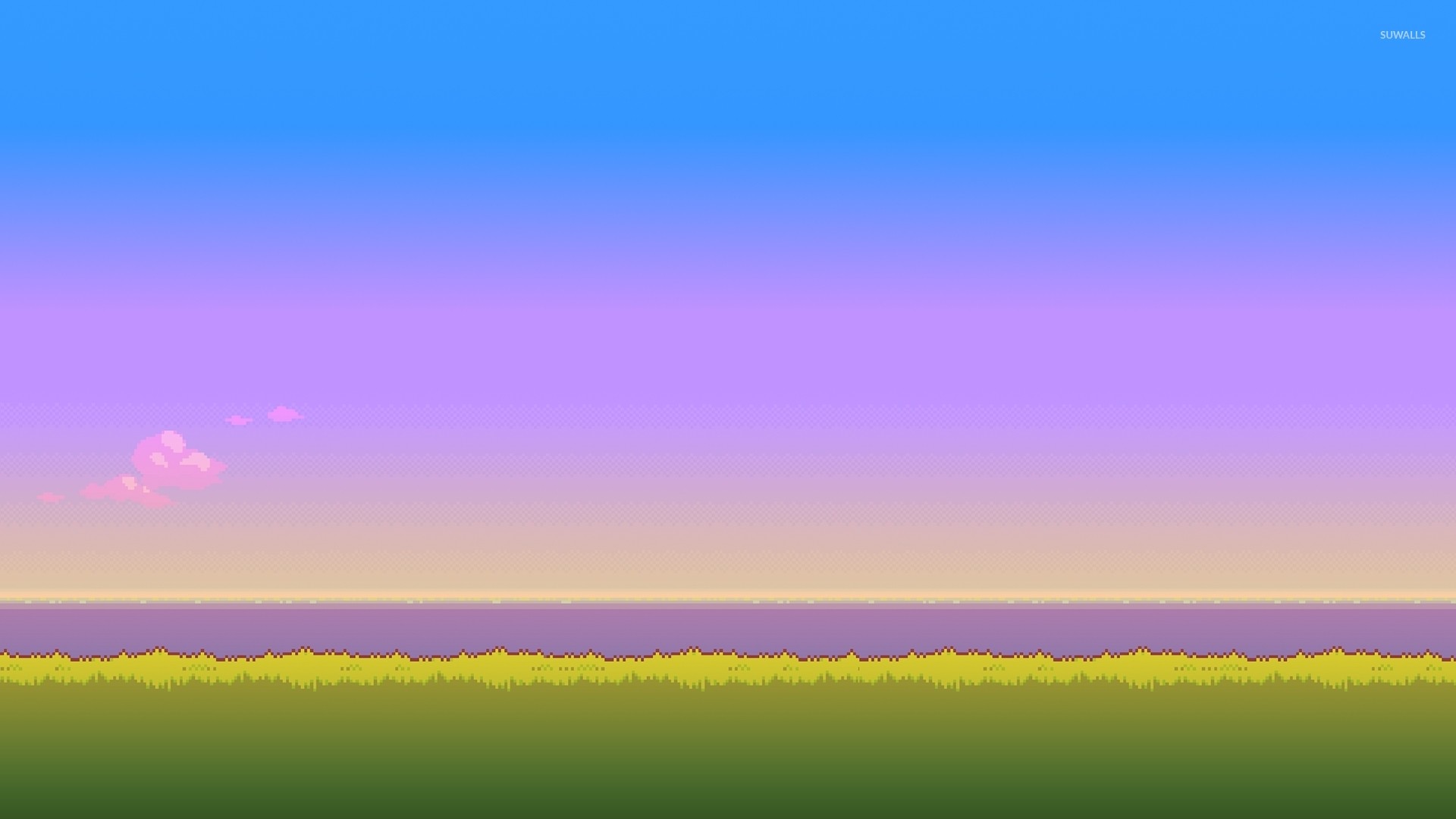 Pixel art, Prato, Cielo sfumato, Alba, Full HD, sfondo per portatile