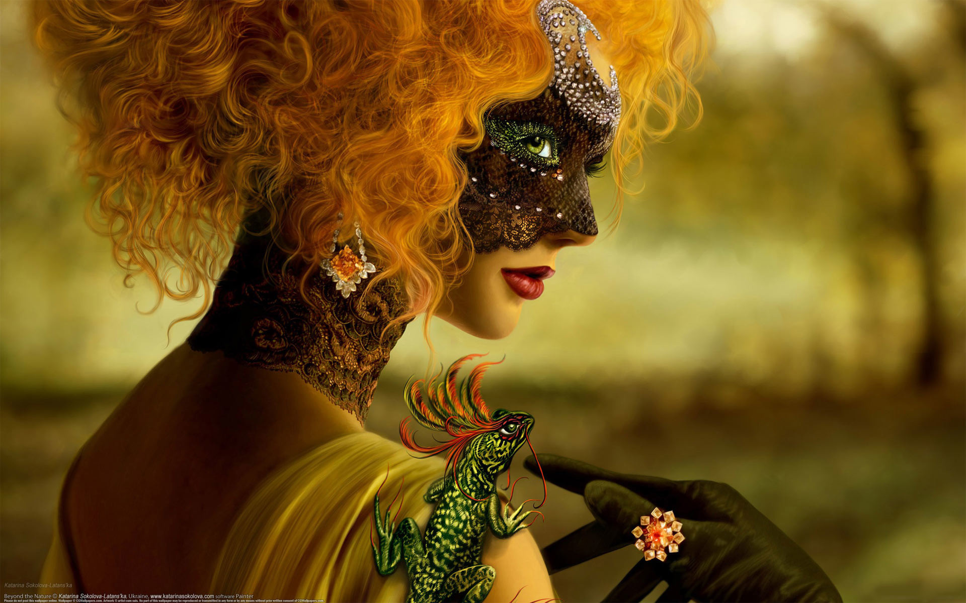 Donna mascherata, Maschera di pizzo, Capelli ricci, Lucertola, 1920x1200, sfondo MacBook Pro