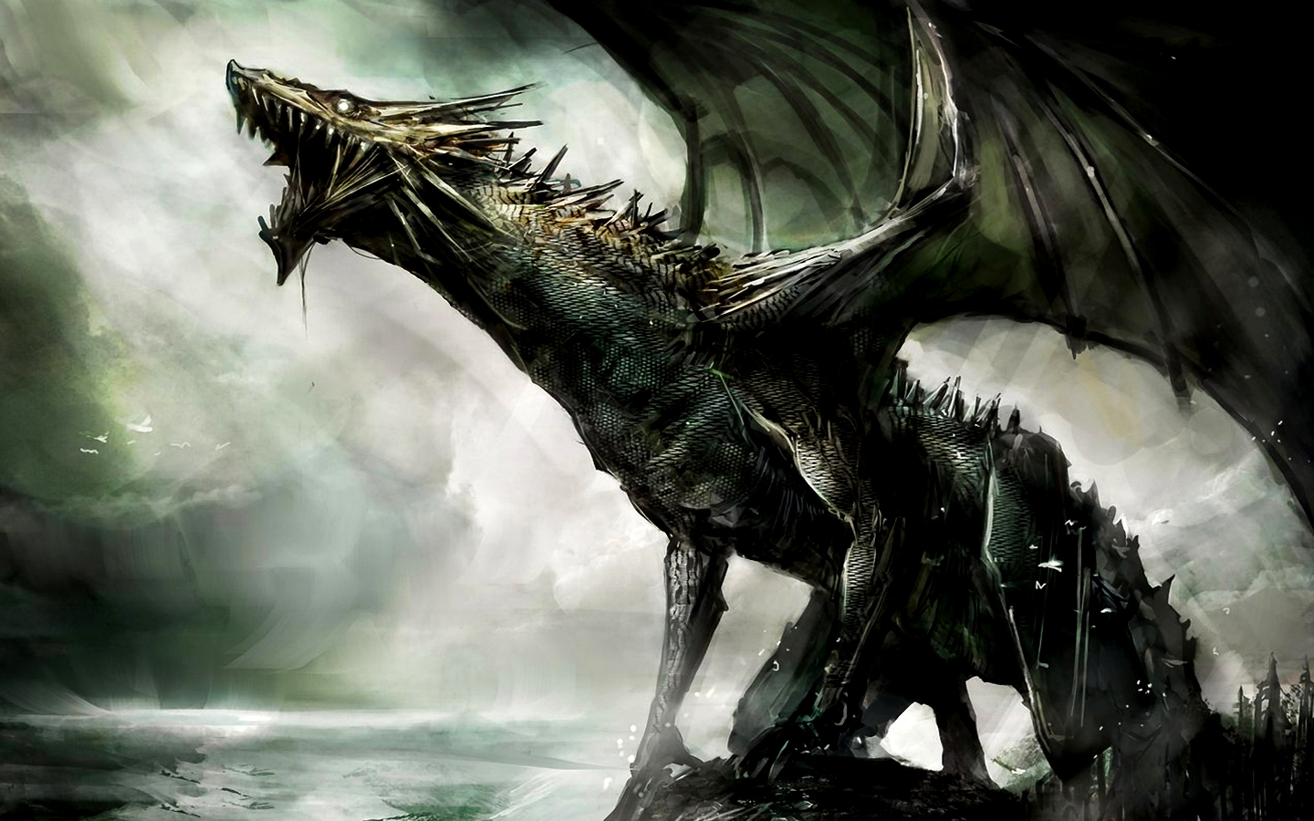 Drago nero, Ruggito, Nebbia, Arte fantasy, 2K, sfondo Windows 11