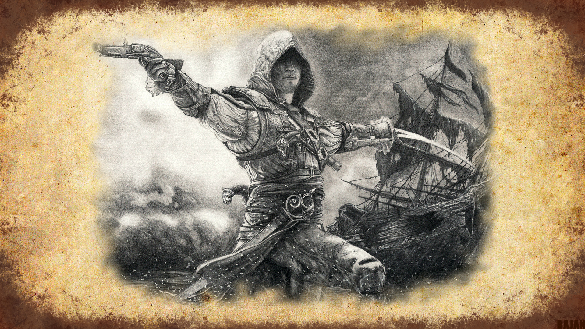 Edward Kenway, Assassin's Creed IV: Black Flag, Pistola, Disegno a matita, sfondo desktop 1920x1080