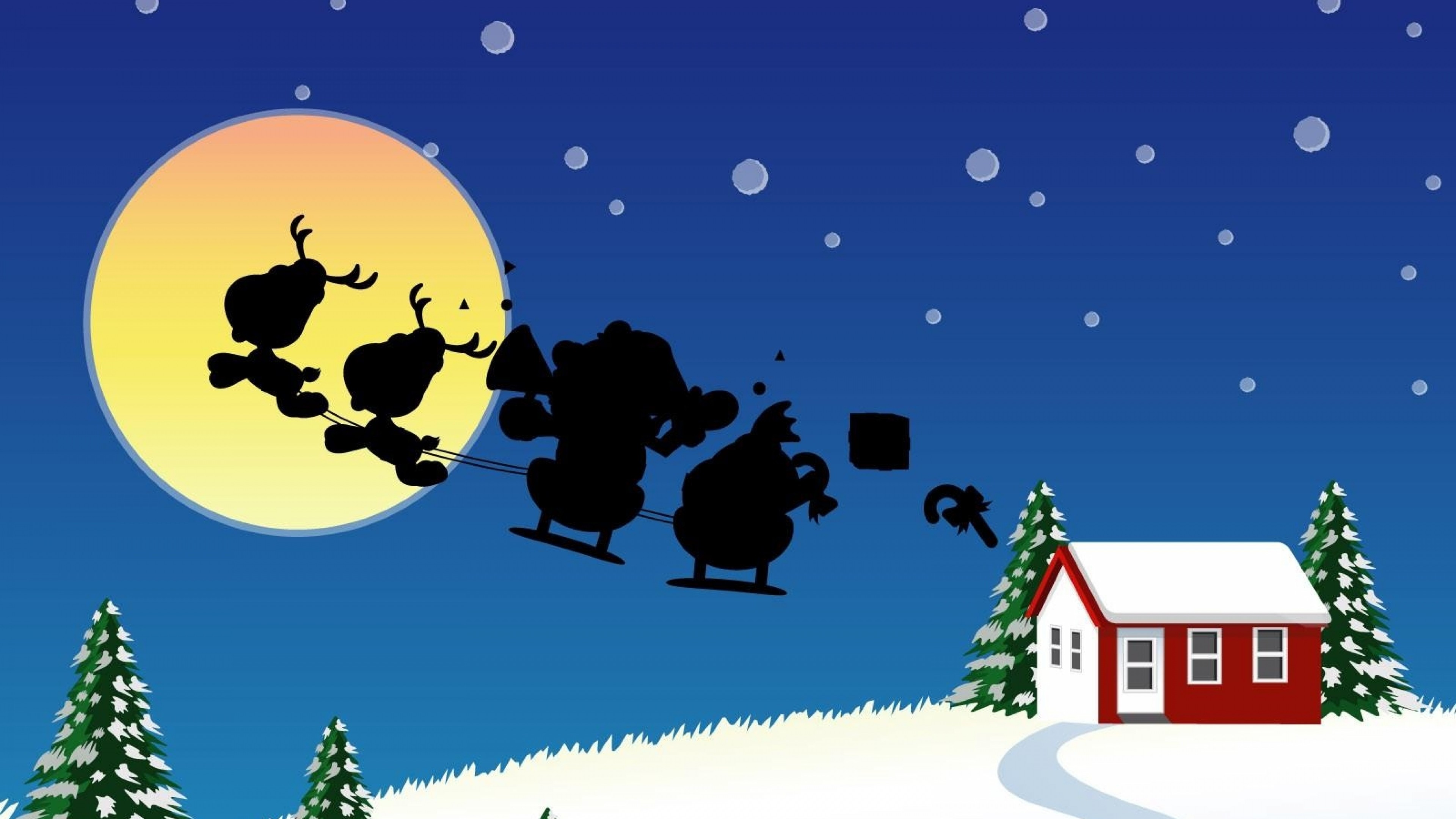 Babbo Natale, Slitta, Renne, Silhouette, Luna piena, Casetta innevata, sfondo 16:9 4K