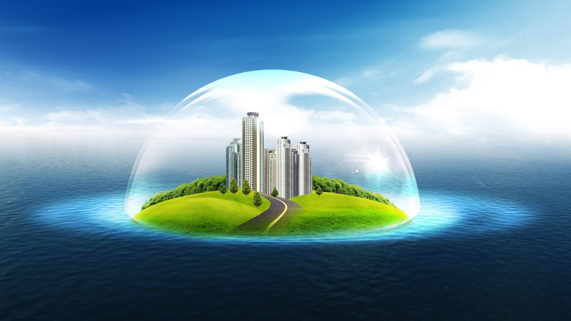 Città nella cupola, Isola, Grattacieli, Arte digitale, Mare, wallpaper PC