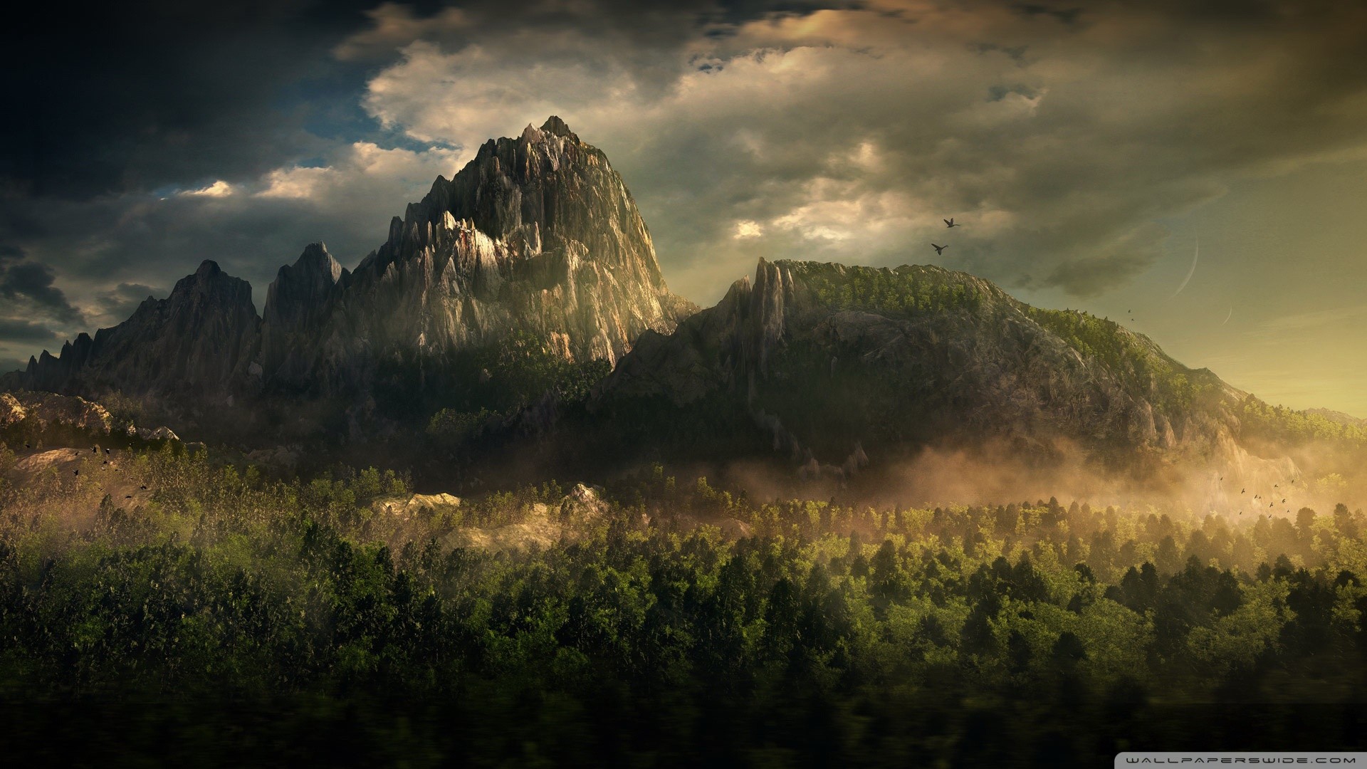 Montagne, Foresta, Nebbia, Cielo drammatico, Full HD, sfondo per PC