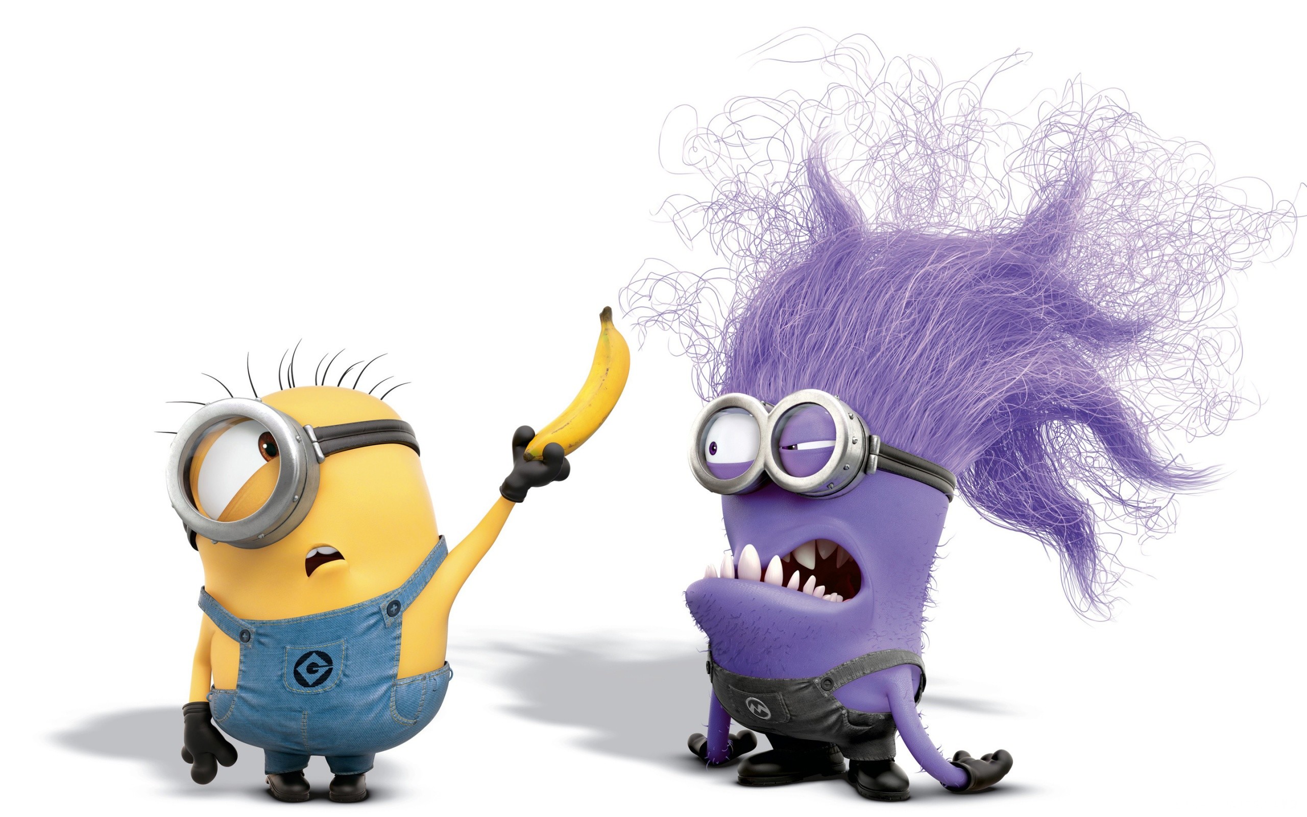 Minion viola, Minion, Cattivissimo me 2, Banana, Sfondo bianco, 16:10 2K, wallpaper widescreen