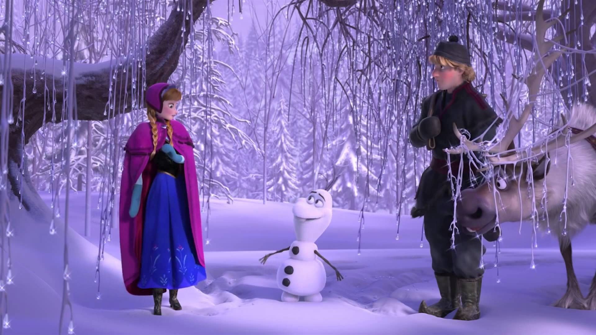 Anna, Kristoff, Olaf, Sven, Foresta ghiacciata, Full HD, sfondo desktop