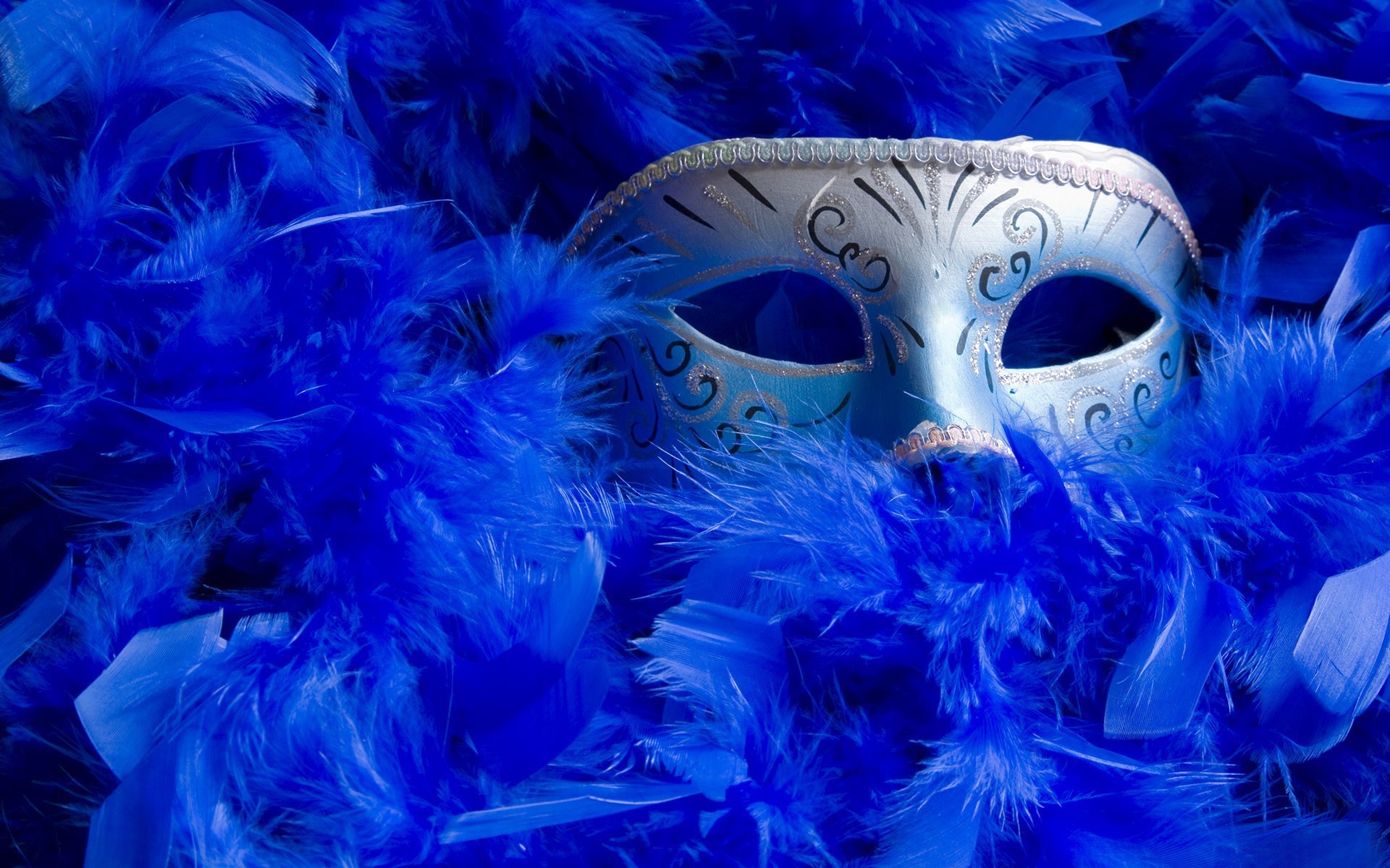 Maschera argentata, Piume blu, Boa, Primo piano, 16:10 Full HD, sfondo widescreen