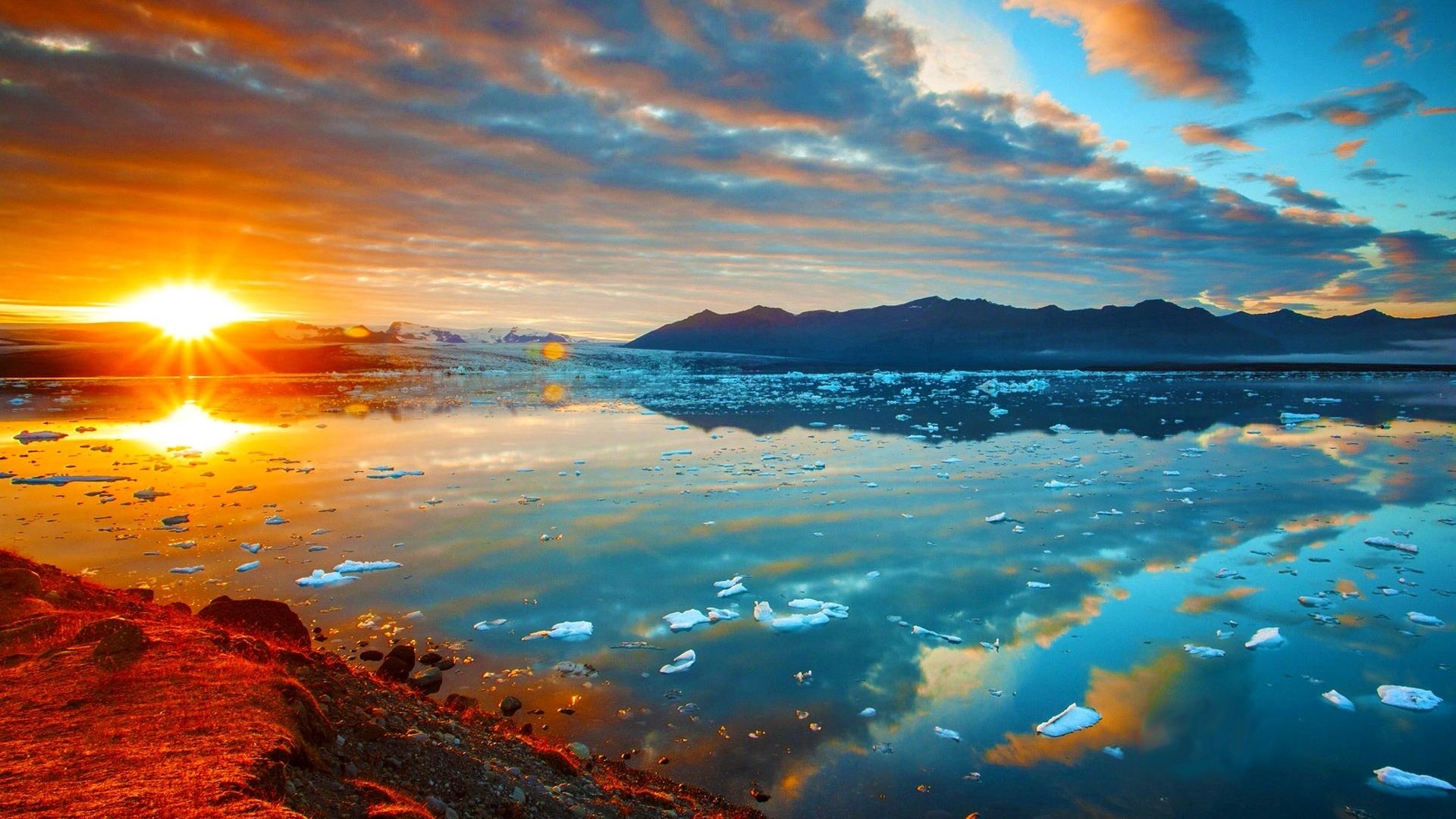 Jökulsárlón, Islanda, Laguna glaciale, Riflesso, Tramonto, Full HD, wallpaper desktop