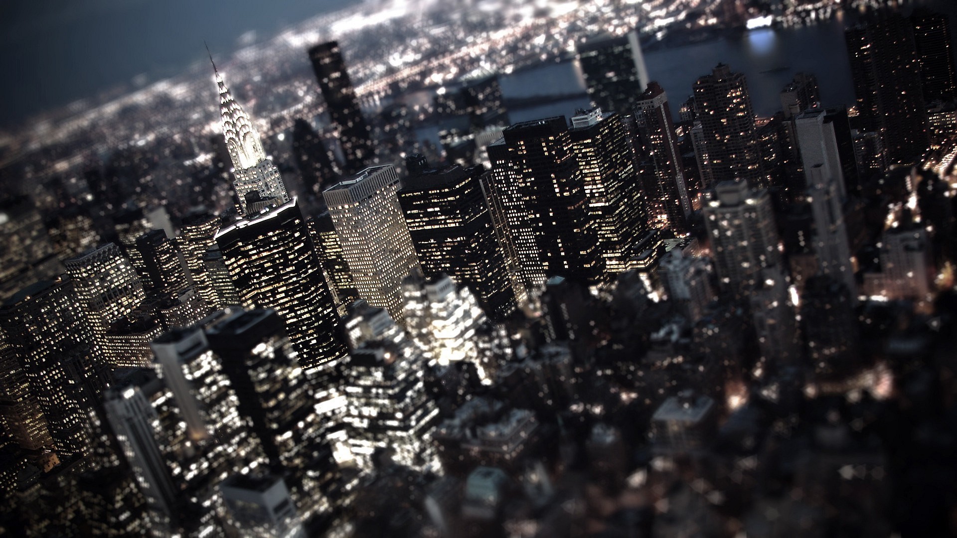 Manhattan, New York, Tilt-shift, Grattacieli, Notte, Full HD, sfondo Windows 11