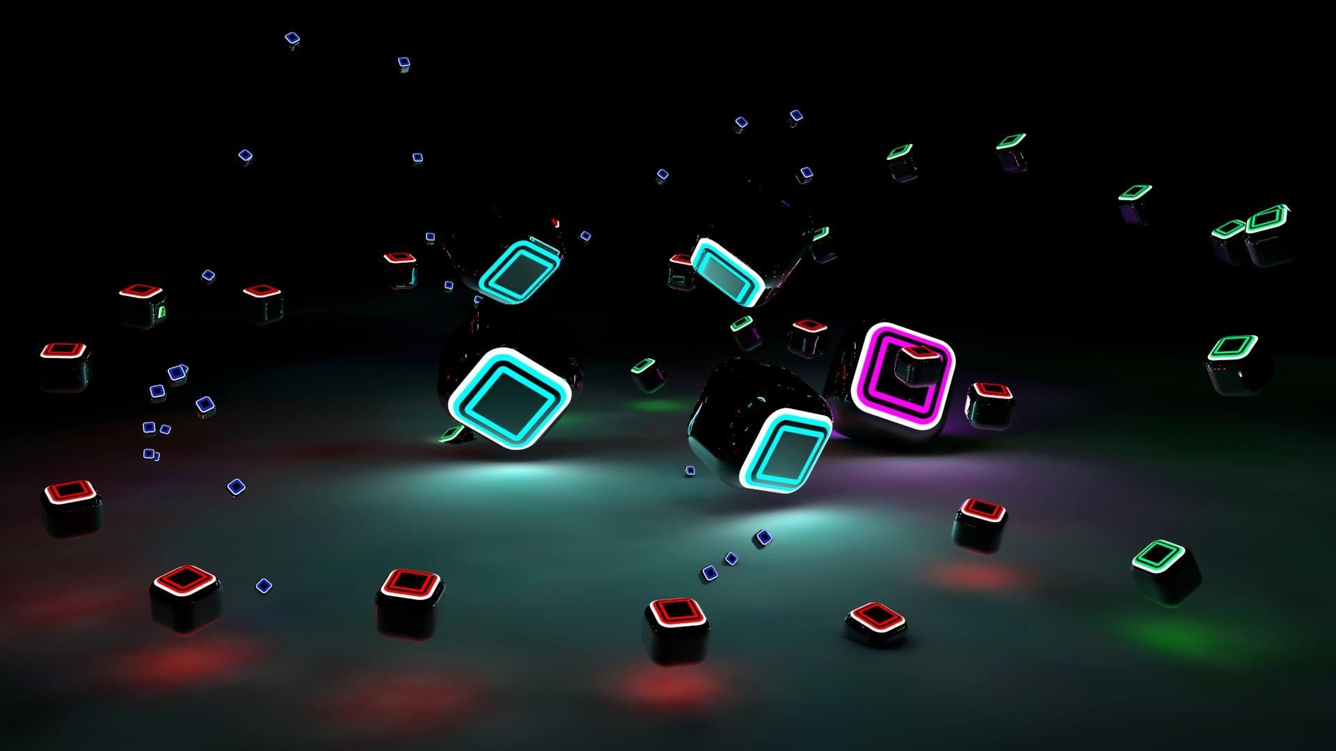 Cubi luminosi, Rendering 3D, Sfondo scuro, 16:9 Full HD, wallpaper widescreen