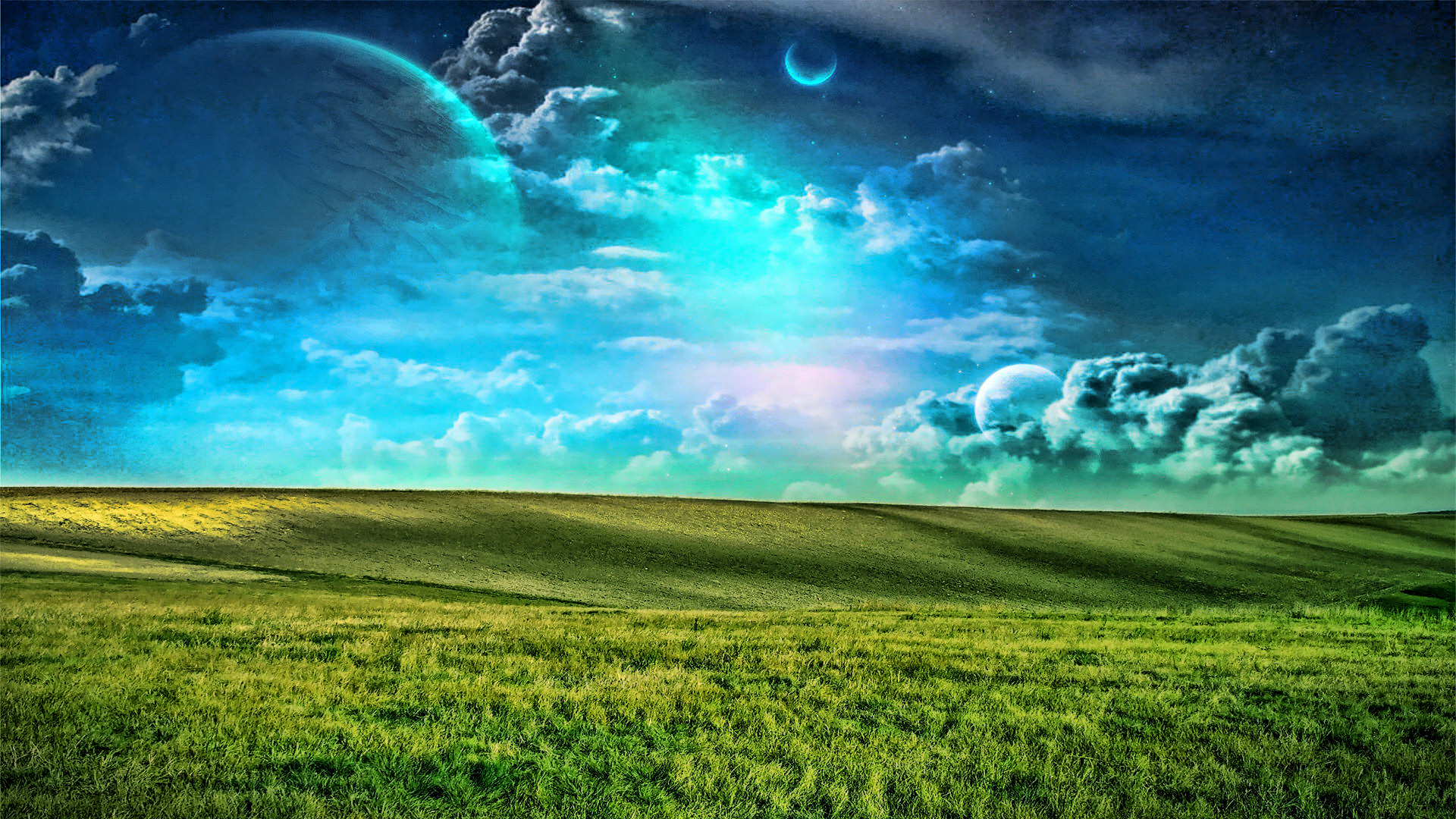 Prato, Pianeti, Cielo fantasy, Arte digitale, Full HD, sfondo per portatile