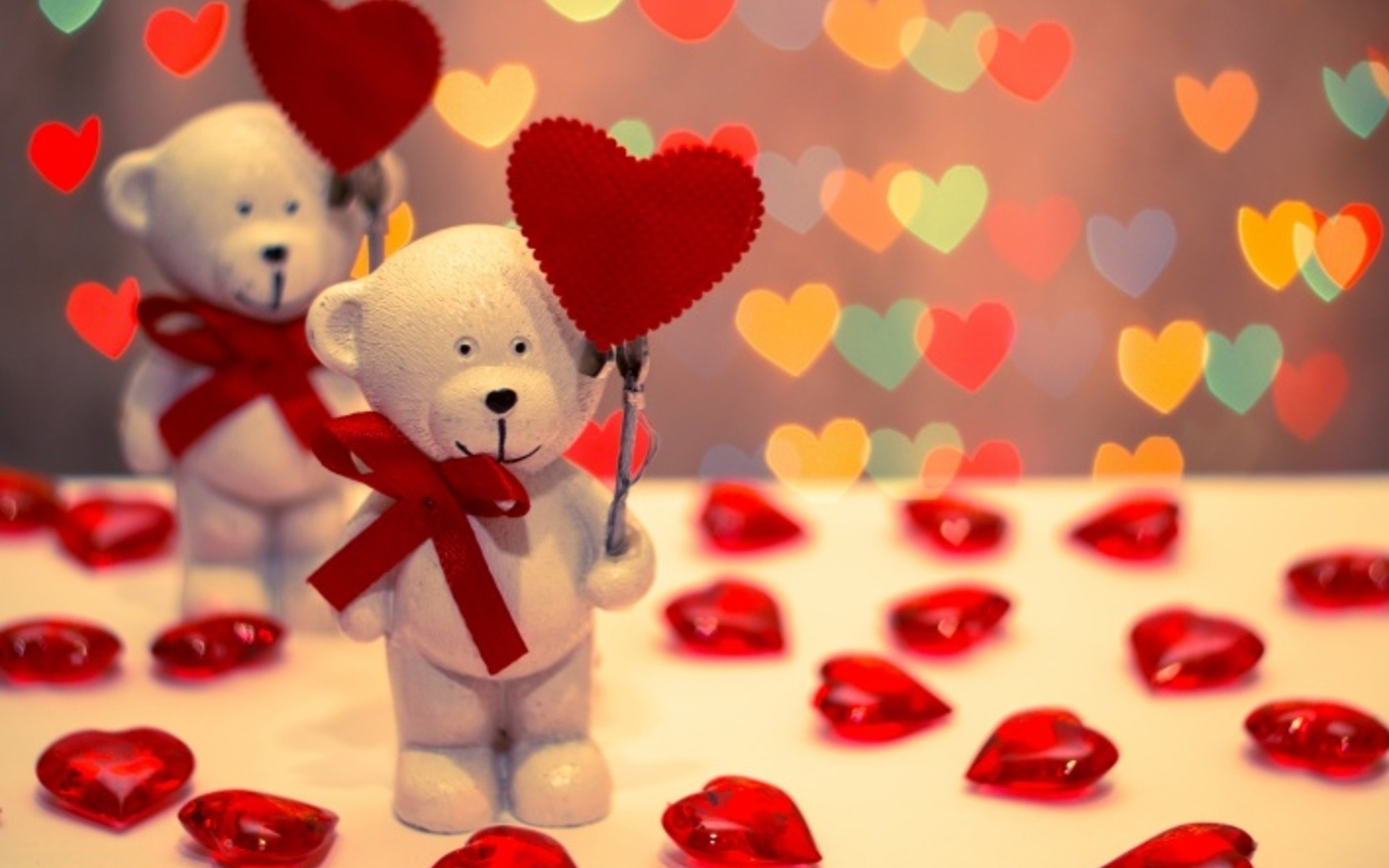 Orsacchiotti, Cuori, San Valentino, Bokeh, Full HD, sfondo per portatile