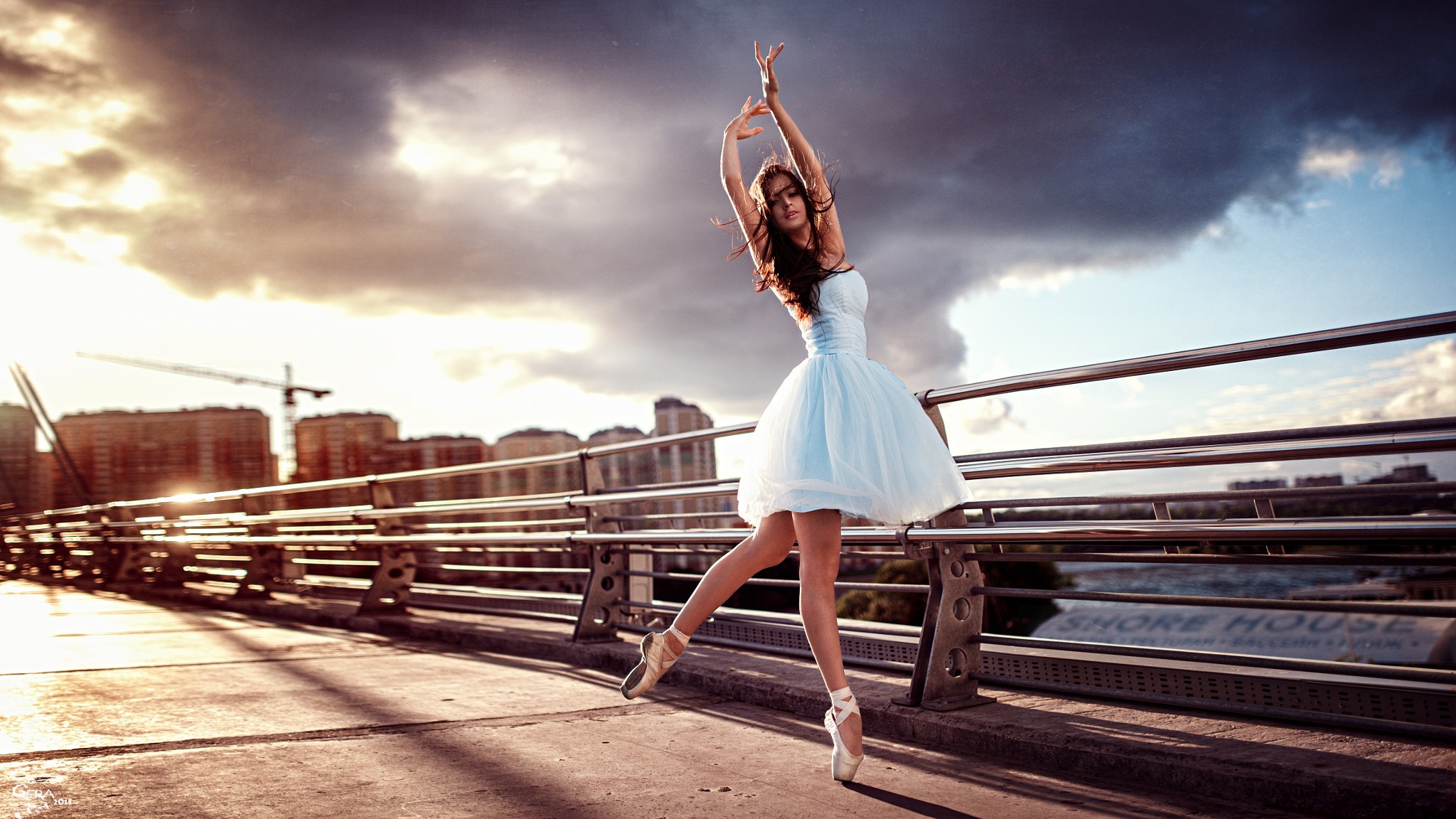 Ballerina, Danza classica, Ponte, Tramonto, Full HD, sfondo per portatile
