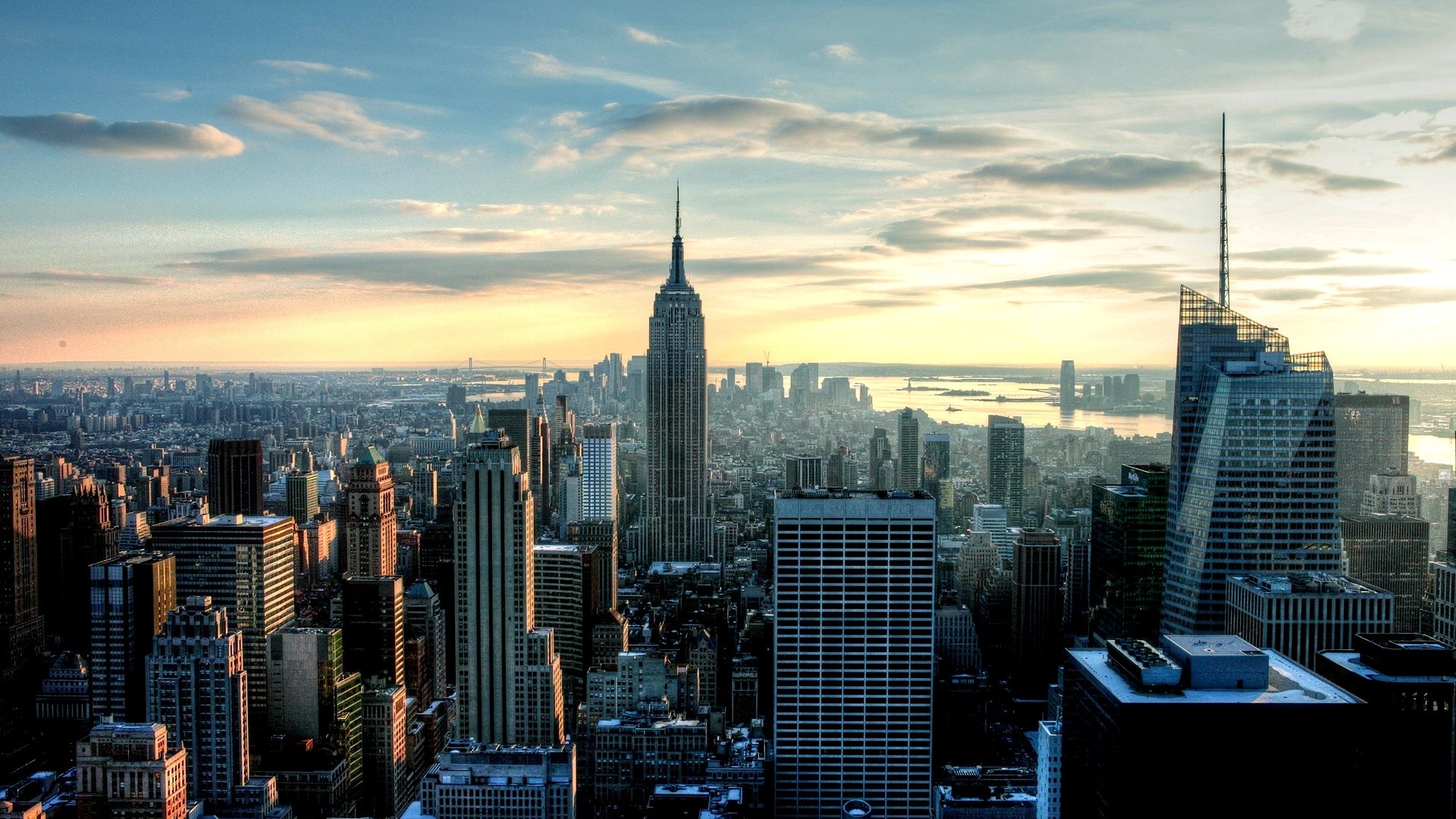 Empire State Building, Manhattan, New York, Skyline, Tramonto, Full HD, sfondo per PC e portatile