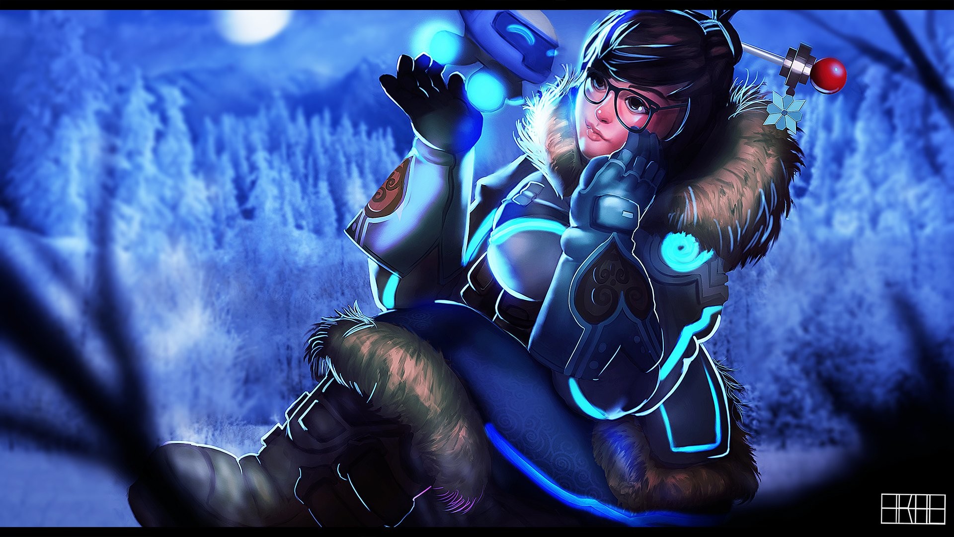 Mei, Overwatch, Foresta innevata, Notte, Blu, Full HD, sfondo per PC