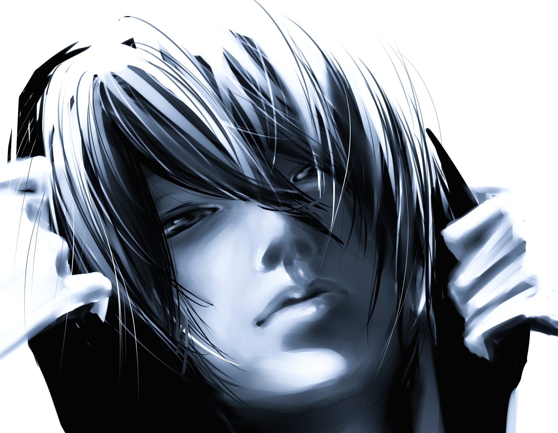 Ragazzo anime, Bianco e nero, Capelli bianchi, Ritratto, Full HD, wallpaper desktop