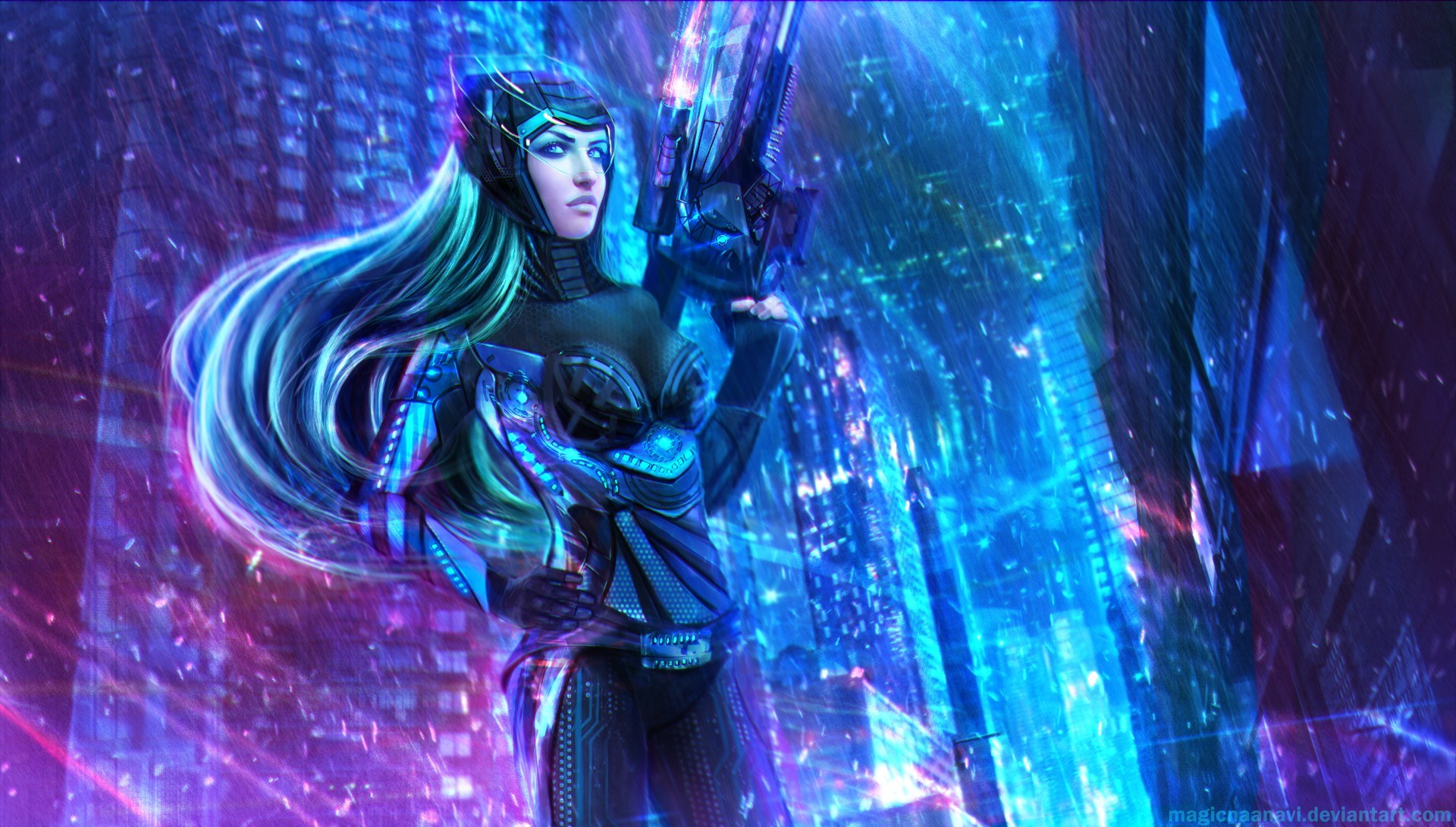 Ragazza cyberpunk, Capelli verde acqua, Neon, Arte digitale, 16:9 Full HD, sfondo widescreen