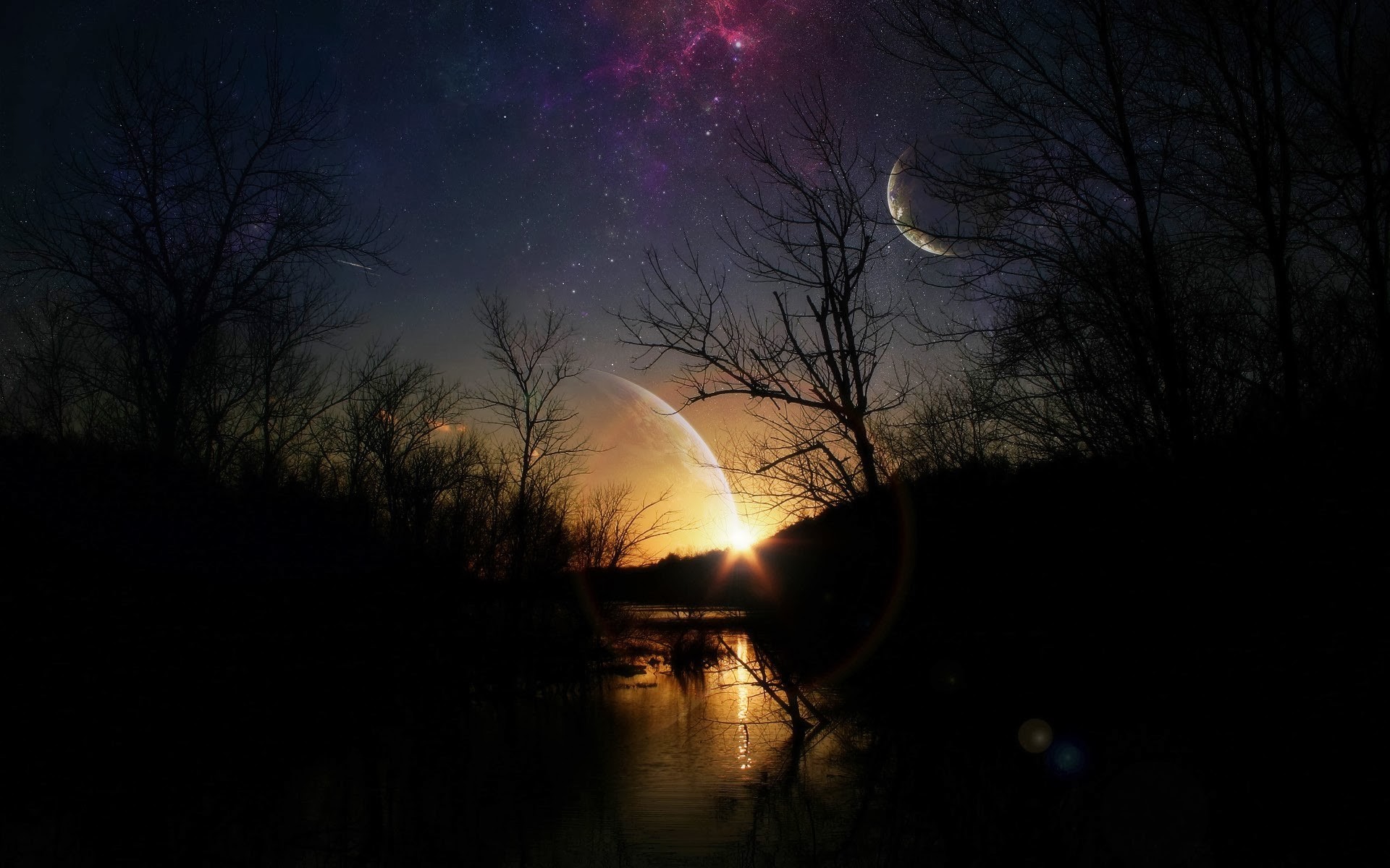 Eclissi, Pianeta, Alberi spogli, Notte, Arte digitale, 16:10 Full HD, sfondo widescreen