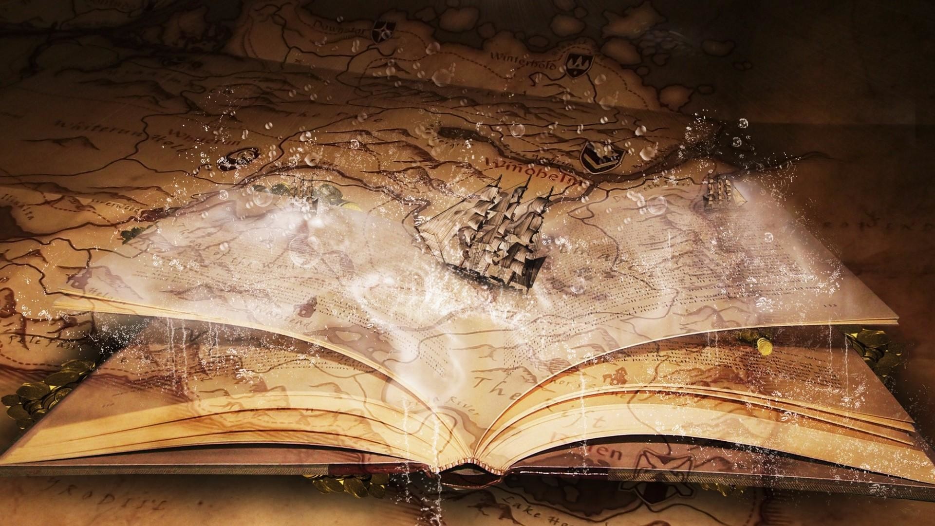 Libro aperto, Mappa antica, Nave, Fantasy, Full HD 1080p, sfondo desktop