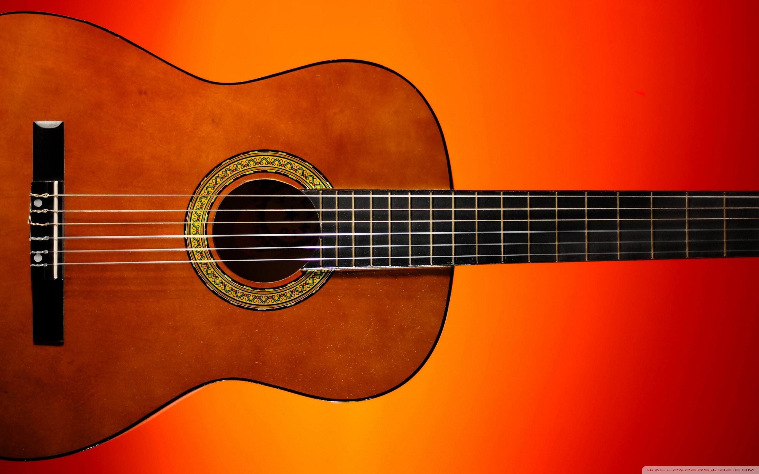 Chitarra classica, Rosetta, Sfondo arancione, Corde, 2K, wallpaper desktop