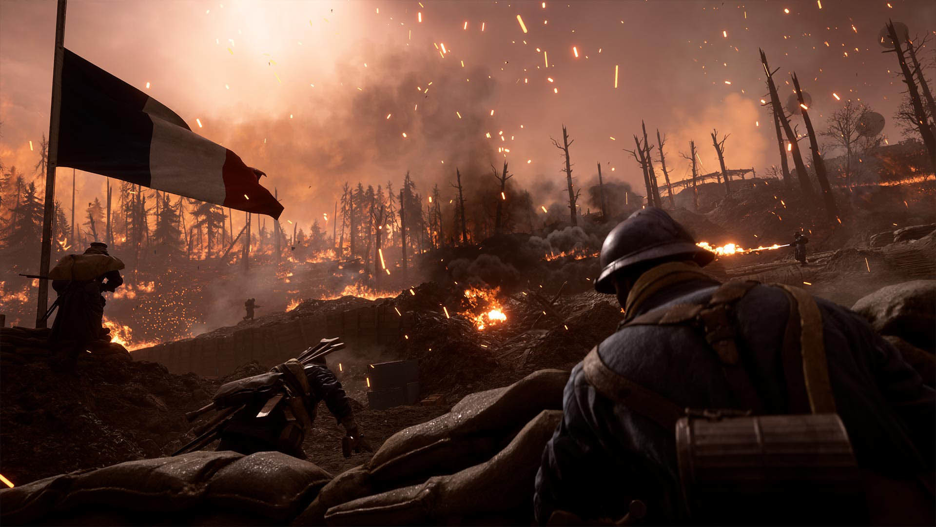 Battlefield 1, Soldati francesi, Bandiera francese, Fiamme, Notte, sfondo desktop Full HD