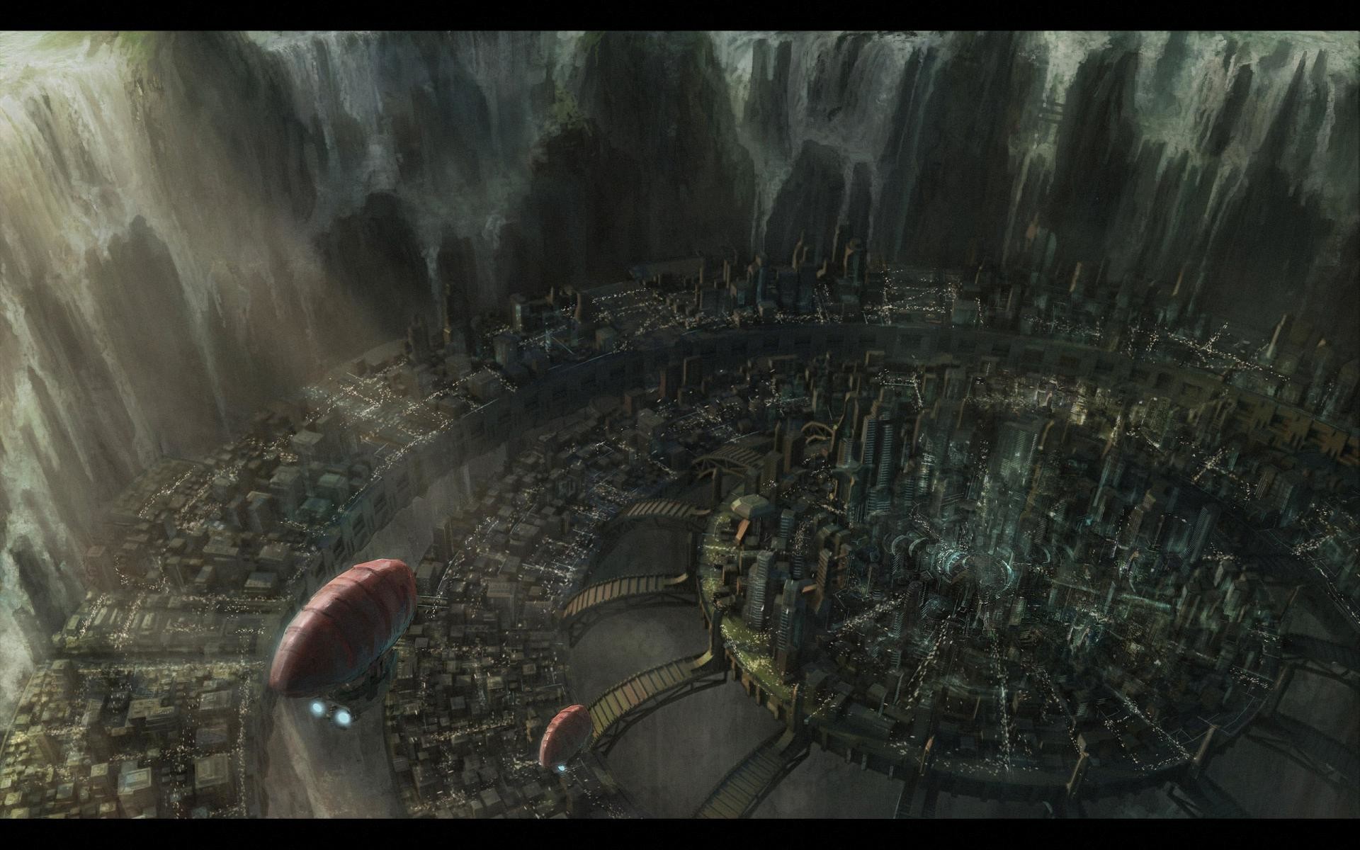 Città in un cratere, Dirigibili, Steampunk, Fantasy, 16:10 Full HD, sfondo widescreen