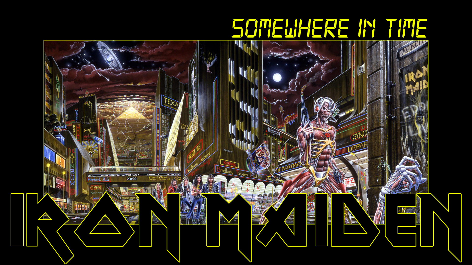 Eddie, Somewhere in Time, Iron Maiden, Logo, Città futuristica, 16:9 Full HD, wallpaper widescreen