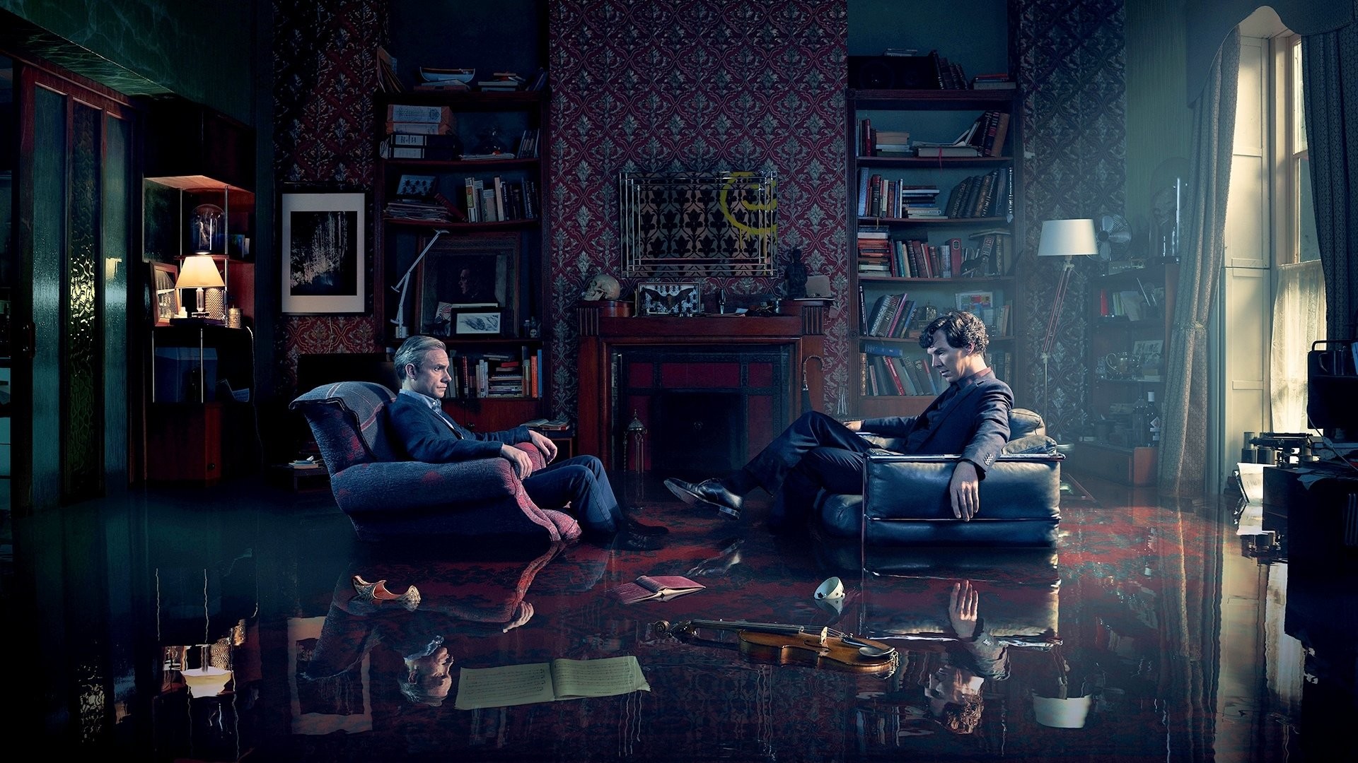 Sherlock, 221B Baker Street, Benedict Cumberbatch, Martin Freeman, Soggiorno, Poltrone, wallpaper Full HD