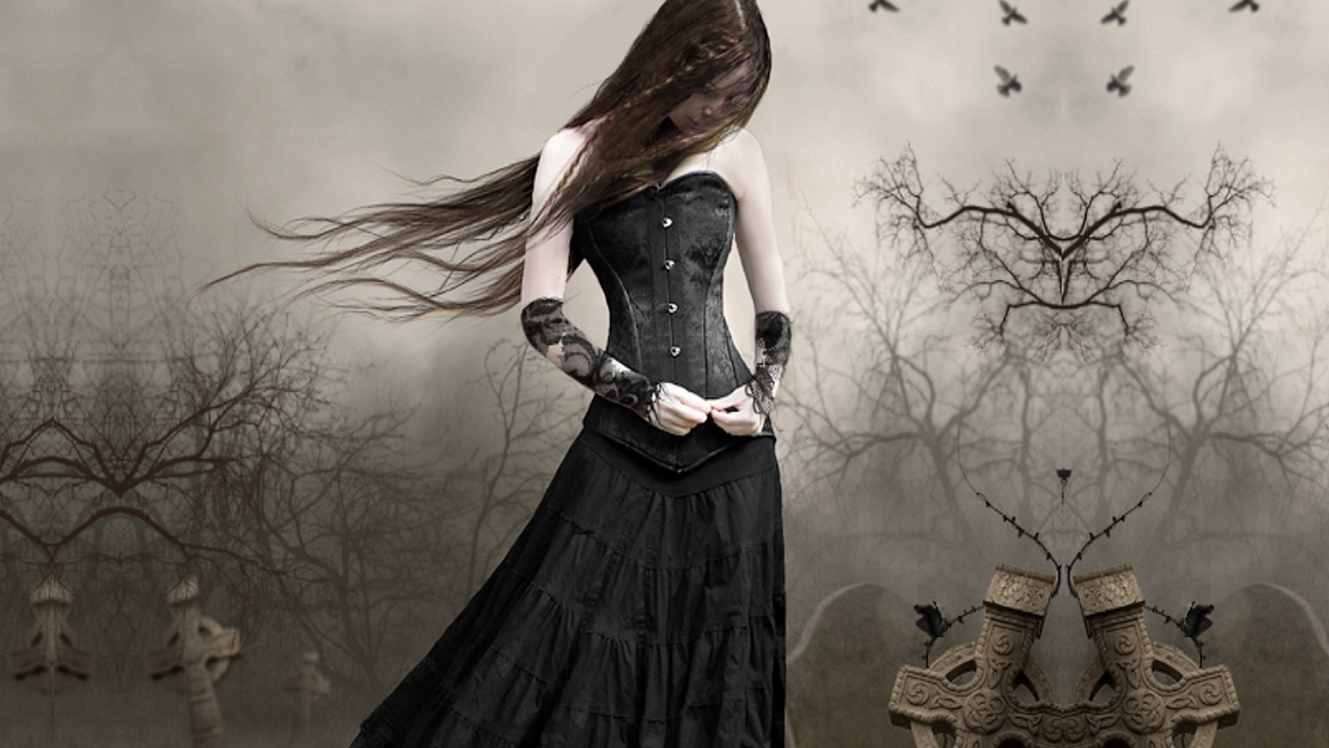 Ragazza gotica, Corsetto, Corvi, Cimitero, Full HD, sfondo per portatile
