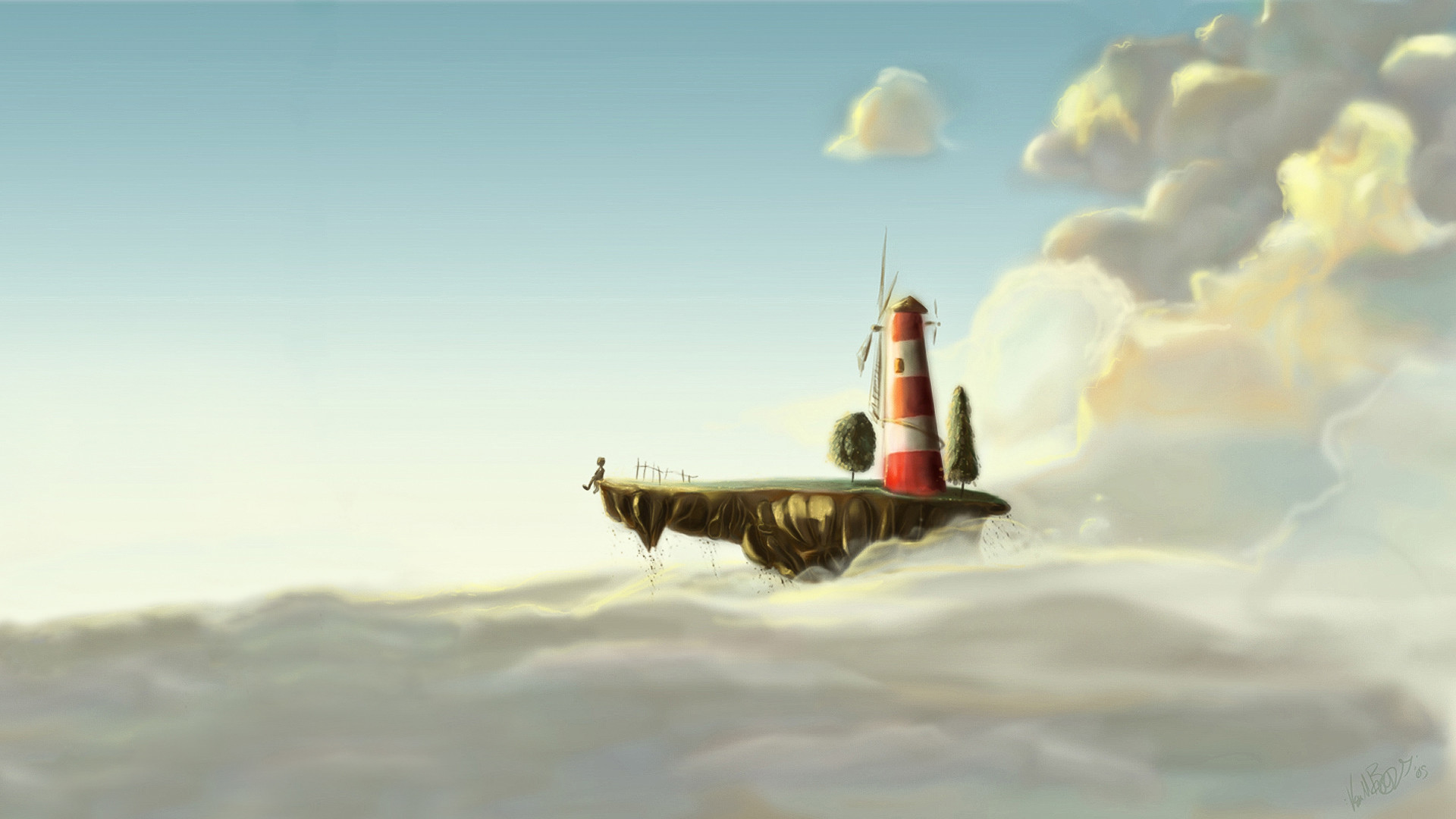 Gorillaz, Isola volante, Faro, Nuvole, Full HD, sfondo per PC