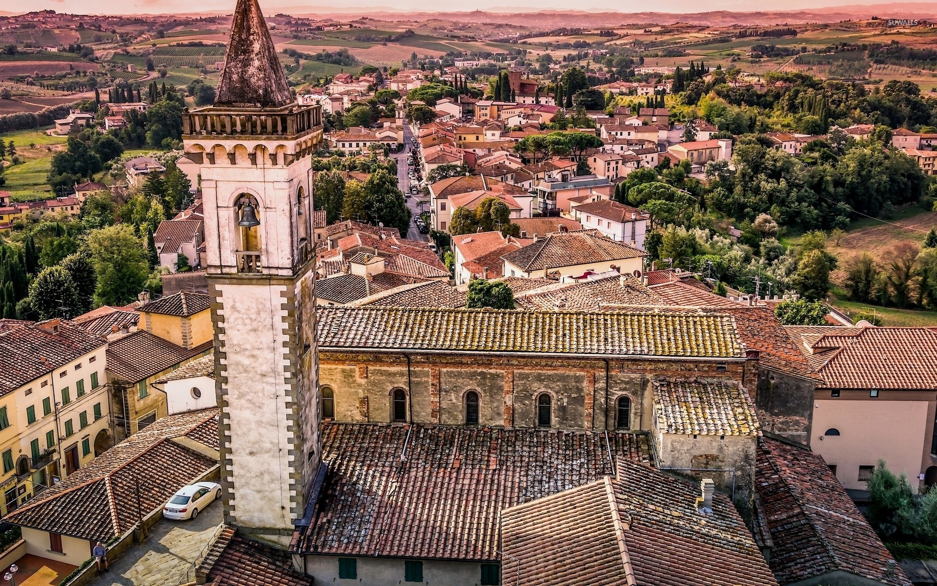 Borgo toscano, Campanile, Vista aerea, Tetti, 1920x1200, sfondo per PC