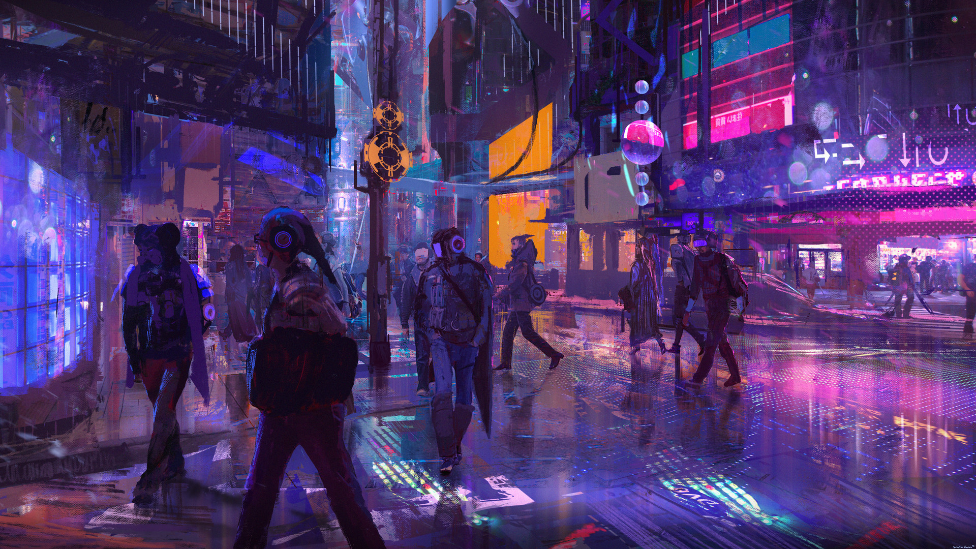 Cyberpunk, Città futuristica, Neon, Folla, Notte, Full HD 1080p, sfondo desktop