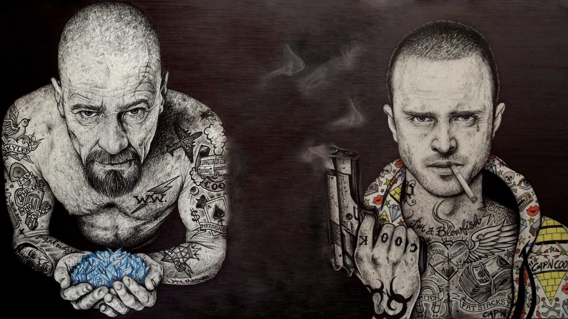 Walter White, Jesse Pinkman, Breaking Bad, Tatuaggi, Disegno a matita, wallpaper Windows 11