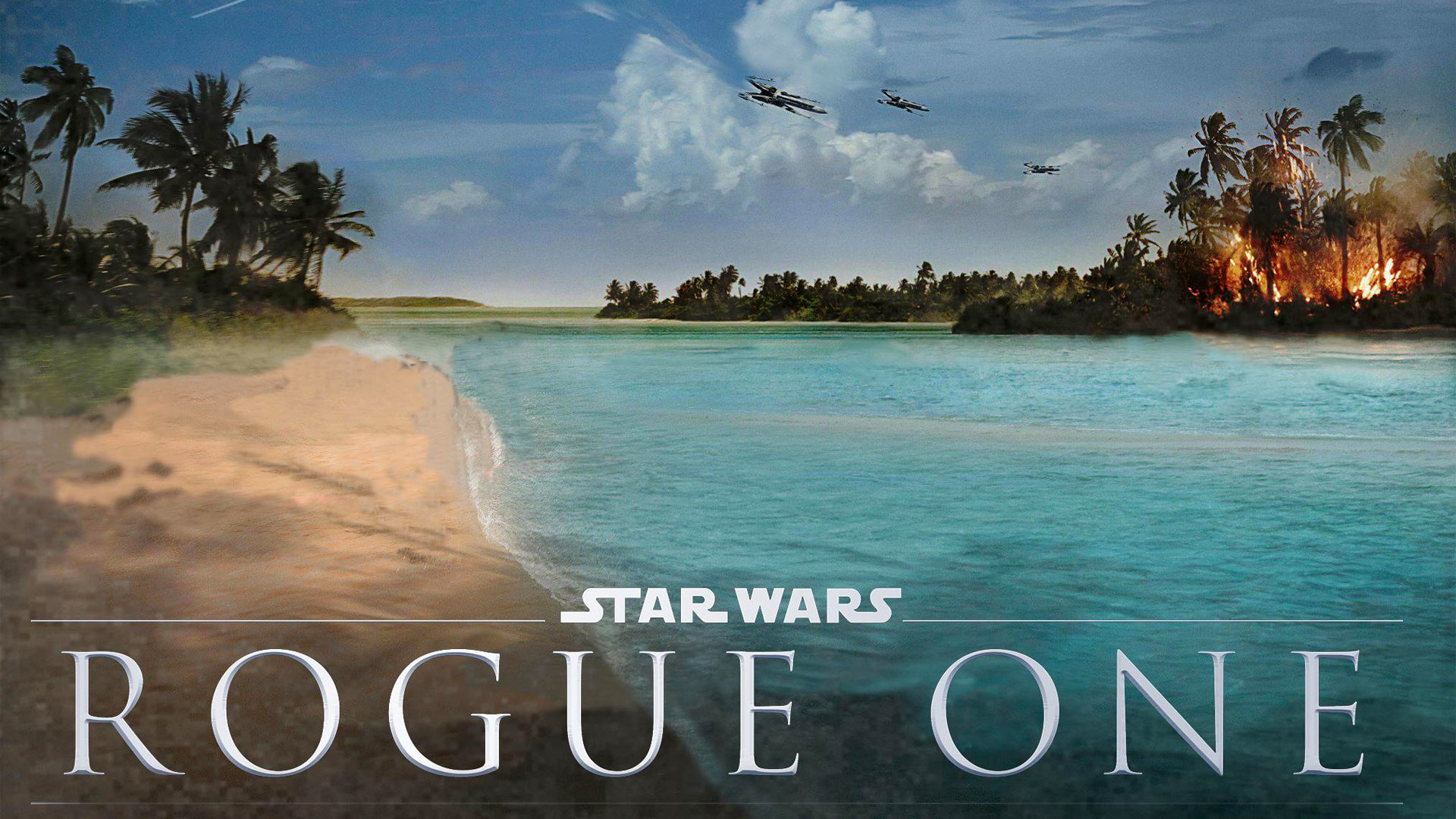 Rogue One: A Star Wars Story, Scarif, Spiaggia, Palme, Logo, 1920x1080, sfondo per PC