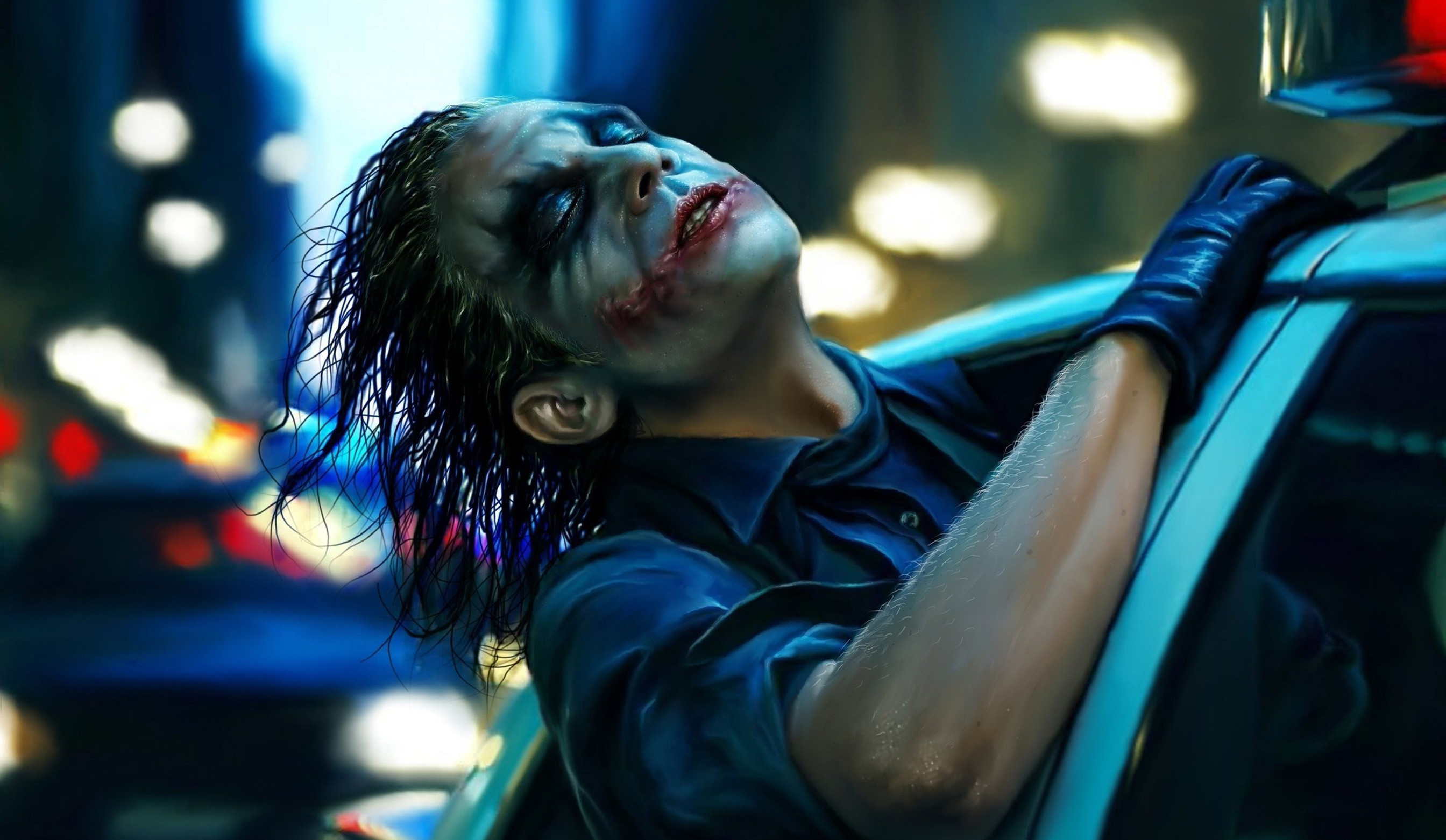 Joker, Heath Ledger, Il cavaliere oscuro, Auto della polizia, Bokeh, sfondo desktop 2K
