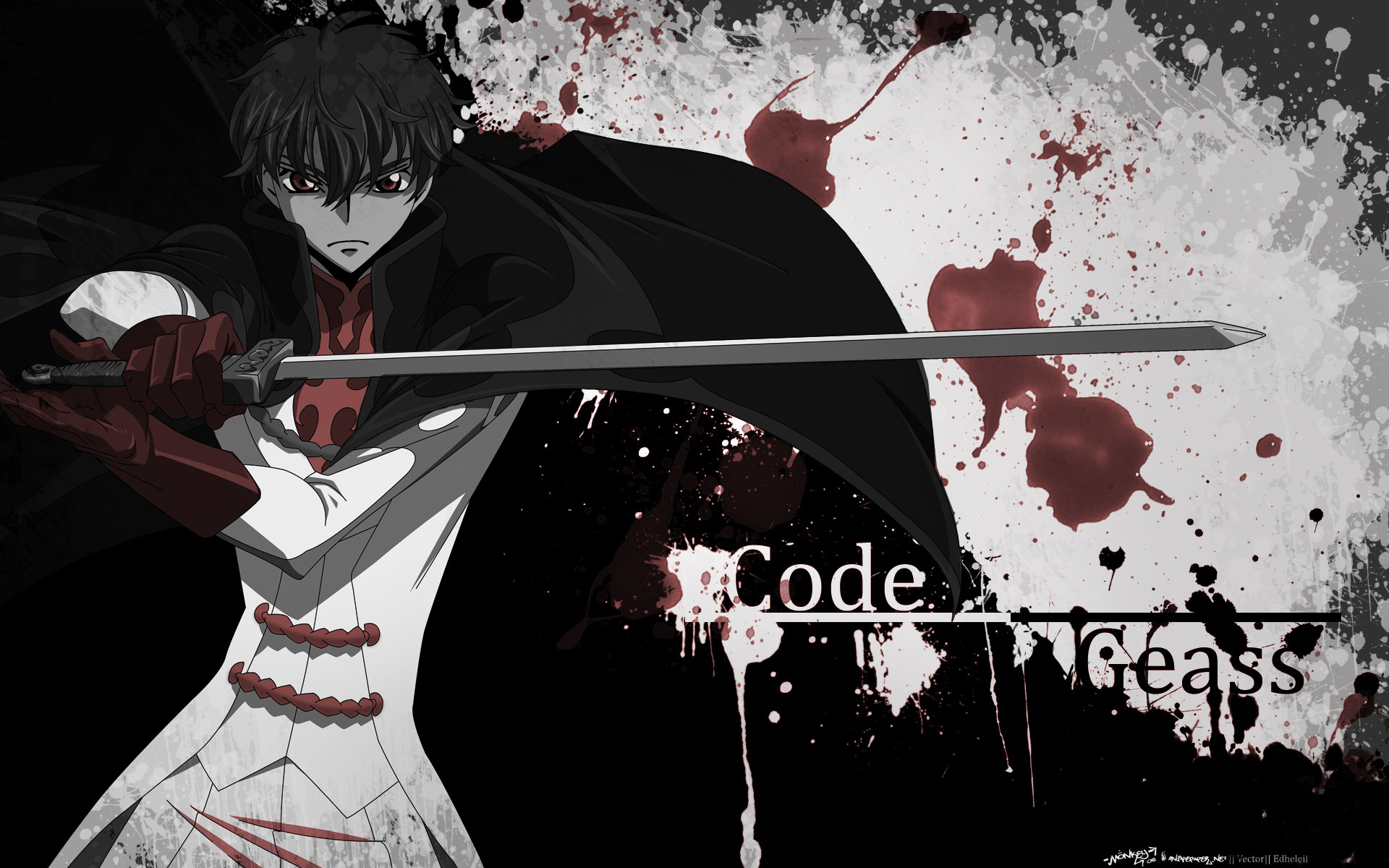 Code Geass, Spada, Schizzi rossi, Bianco e nero, Full HD, wallpaper per portatile