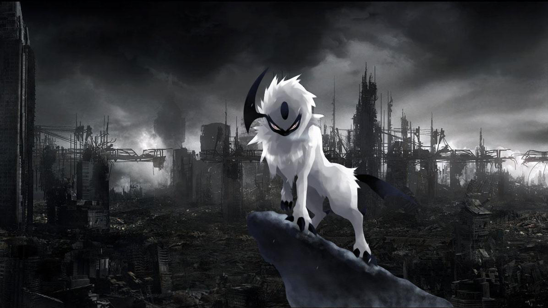 Absol, Pokémon, Città in rovina, Bianco e nero, Tempesta, Full HD, sfondo per PC e portatile