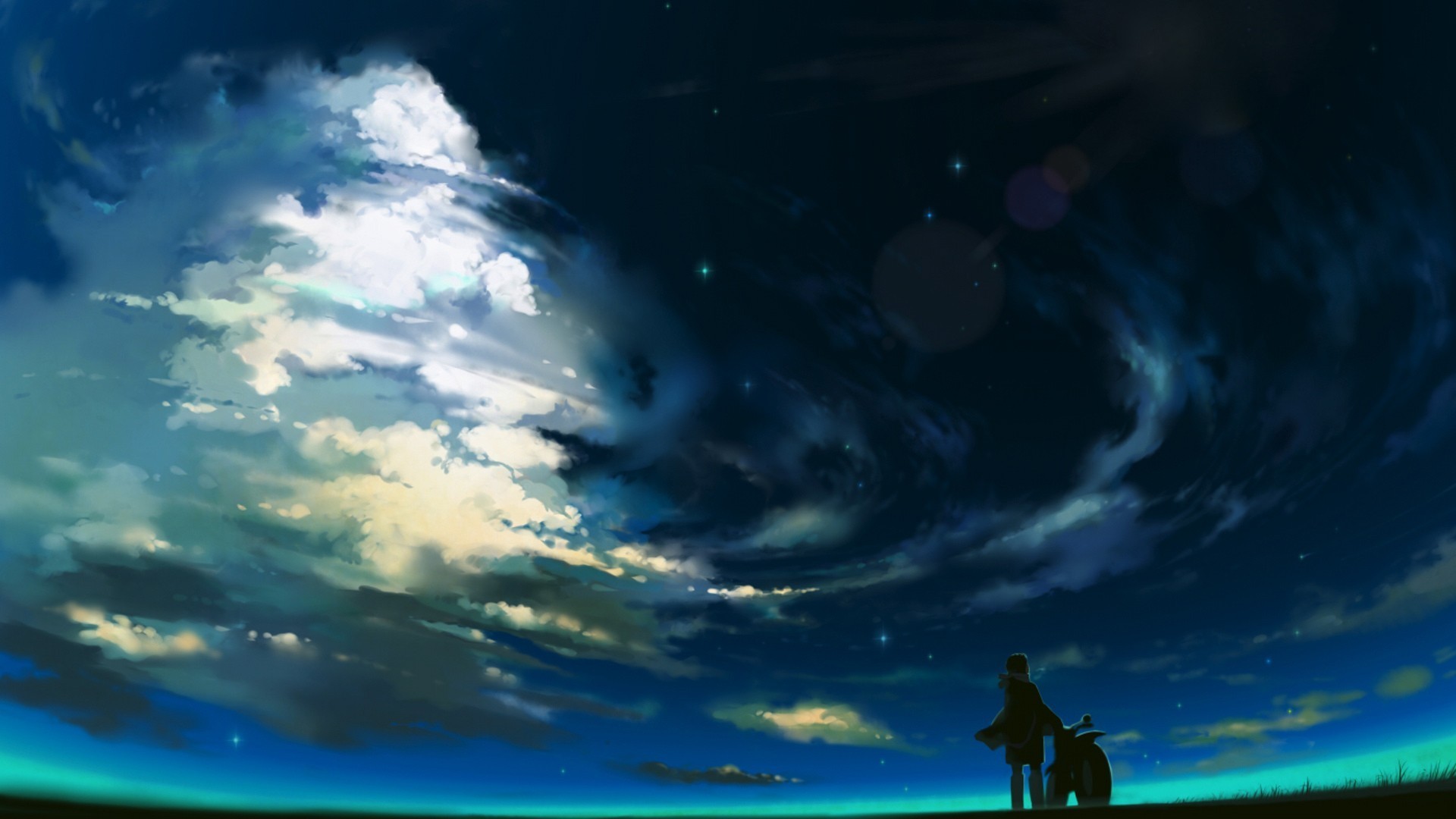 Paesaggio anime, Cielo notturno, Nuvole, Silhouette, Full HD, wallpaper per PC
