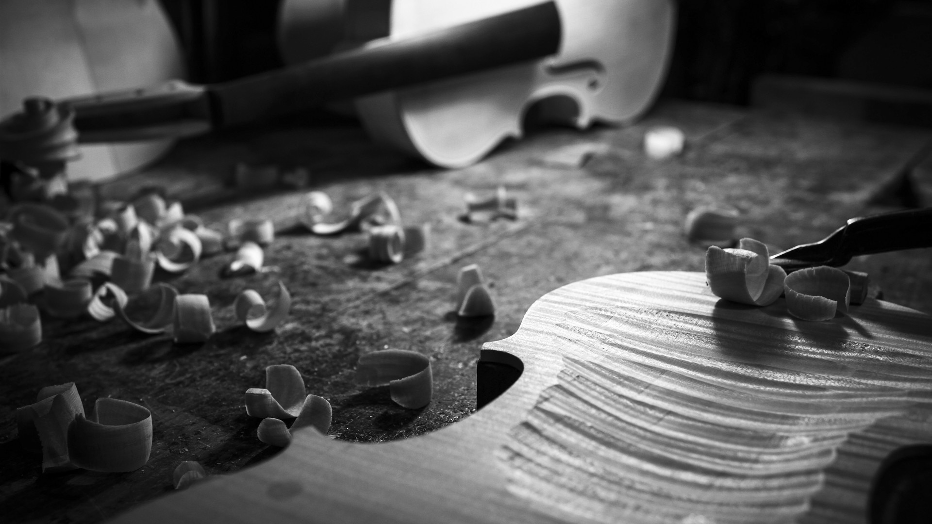 Violino, Liutaio, Trucioli, Bianco e nero, 16:9 Full HD, sfondo widescreen