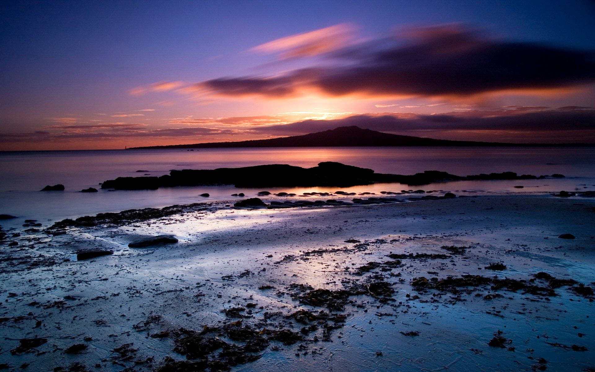 Costa rocciosa, Tramonto, Lunga esposizione, Isola, Blu, Full HD, sfondo per portatile