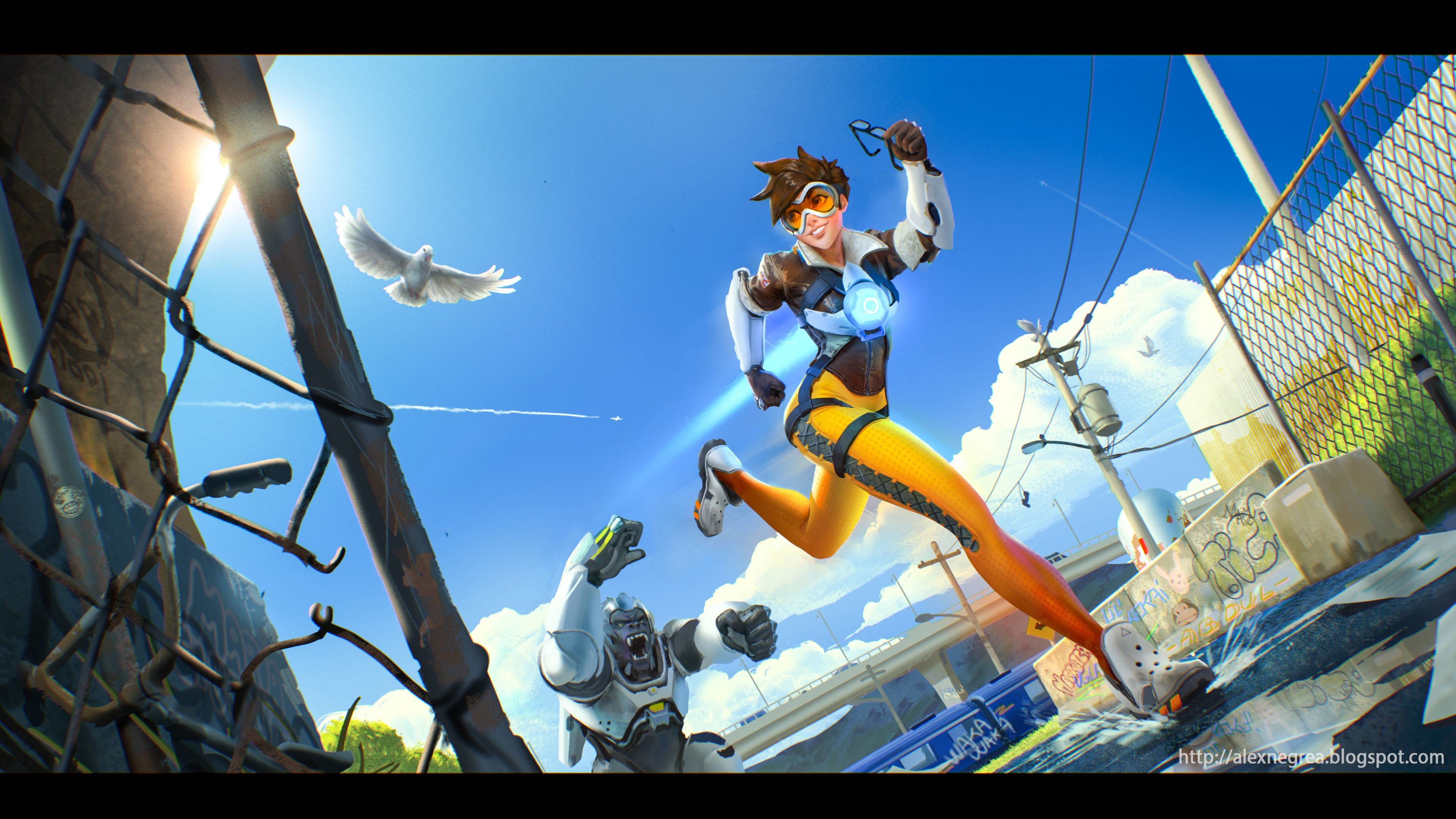 Overwatch, Tracer, Bastion, Salto, Cielo azzurro, 3840x2160, sfondo per PC