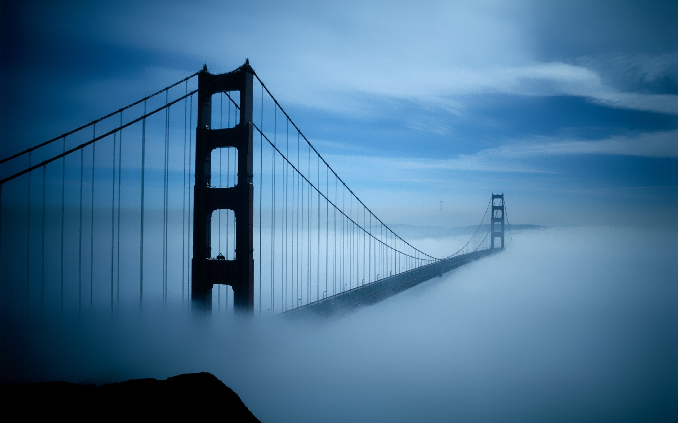 Golden Gate Bridge, San Francisco, Nebbia, Toni blu, 16:10 2K, sfondo widescreen