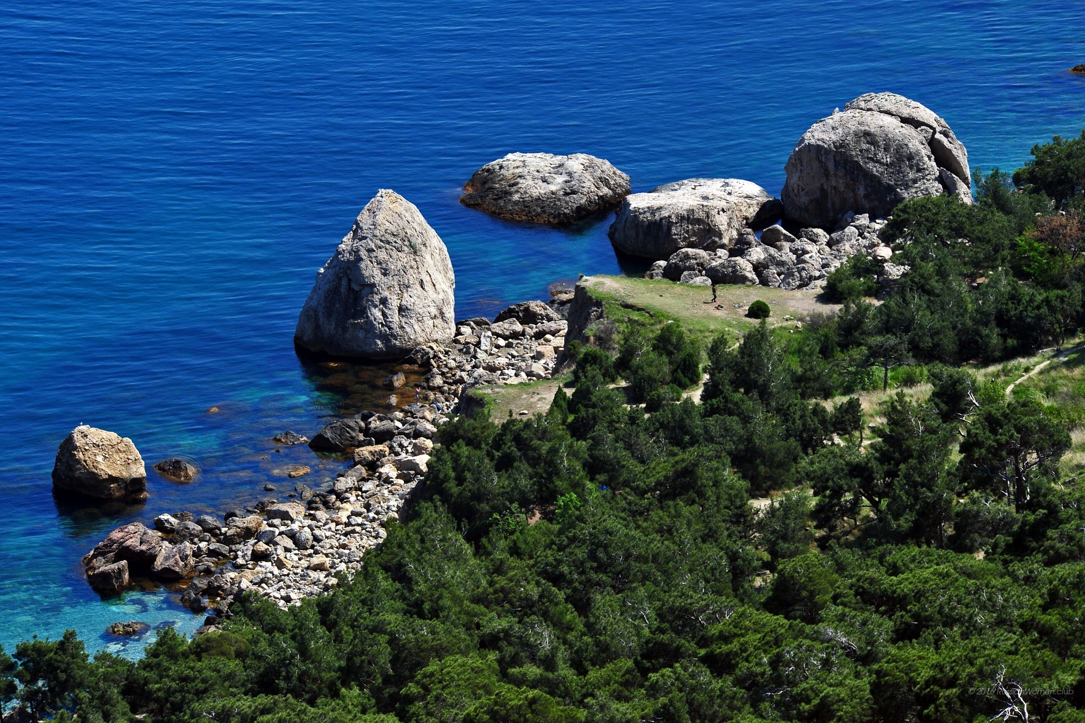 Costa rocciosa, Mare, Massi, Pini, Full HD, sfondo desktop