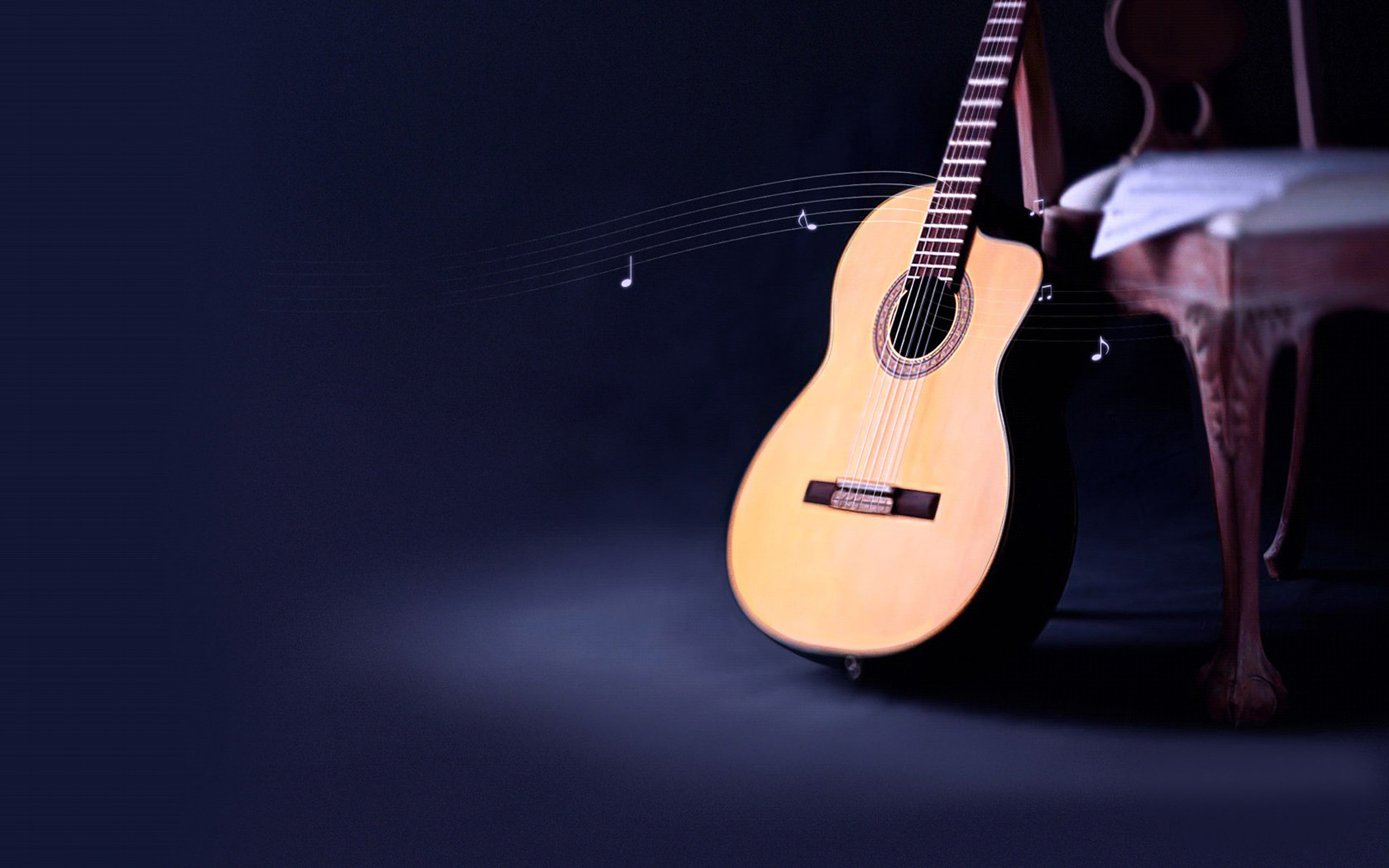 Chitarra classica, Sedia, Note musicali, Sfondo blu, 16:10 2K, wallpaper widescreen